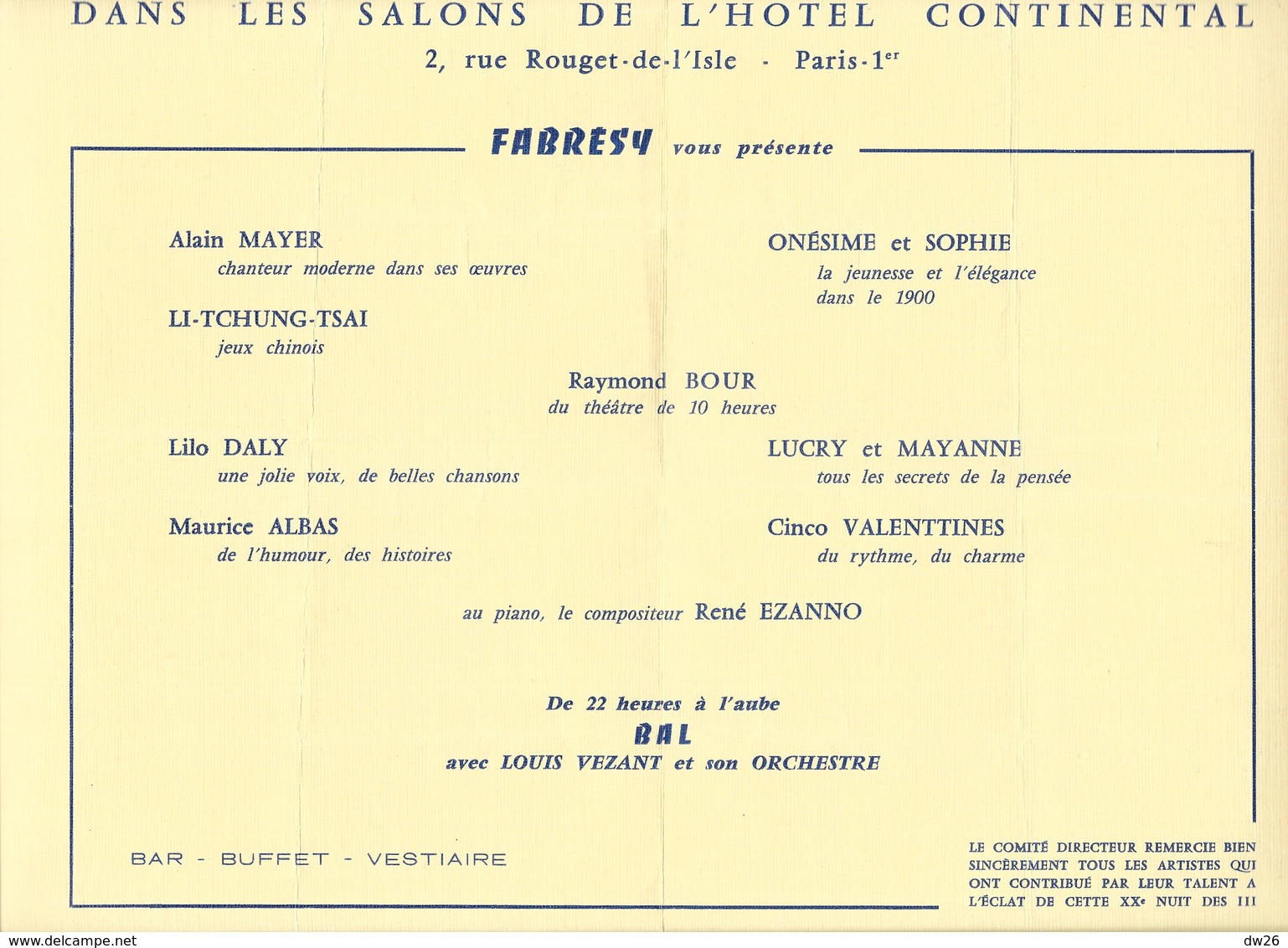 Programme La Nuit Des III - Paris Le 6 Novembre 1965 Hôtel Continental - Concert, Chants Et Bal Présenté Par Frabrésy - Programma's