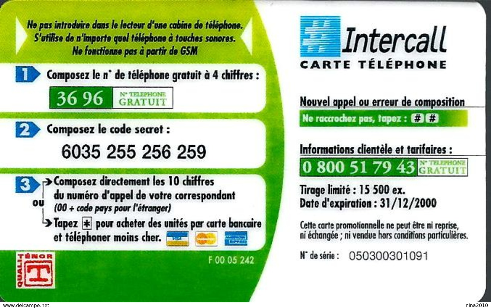 Carte Prépayée - Intercall - Elf - 15 500ex. - 31/12/2000 - Altri & Non Classificati