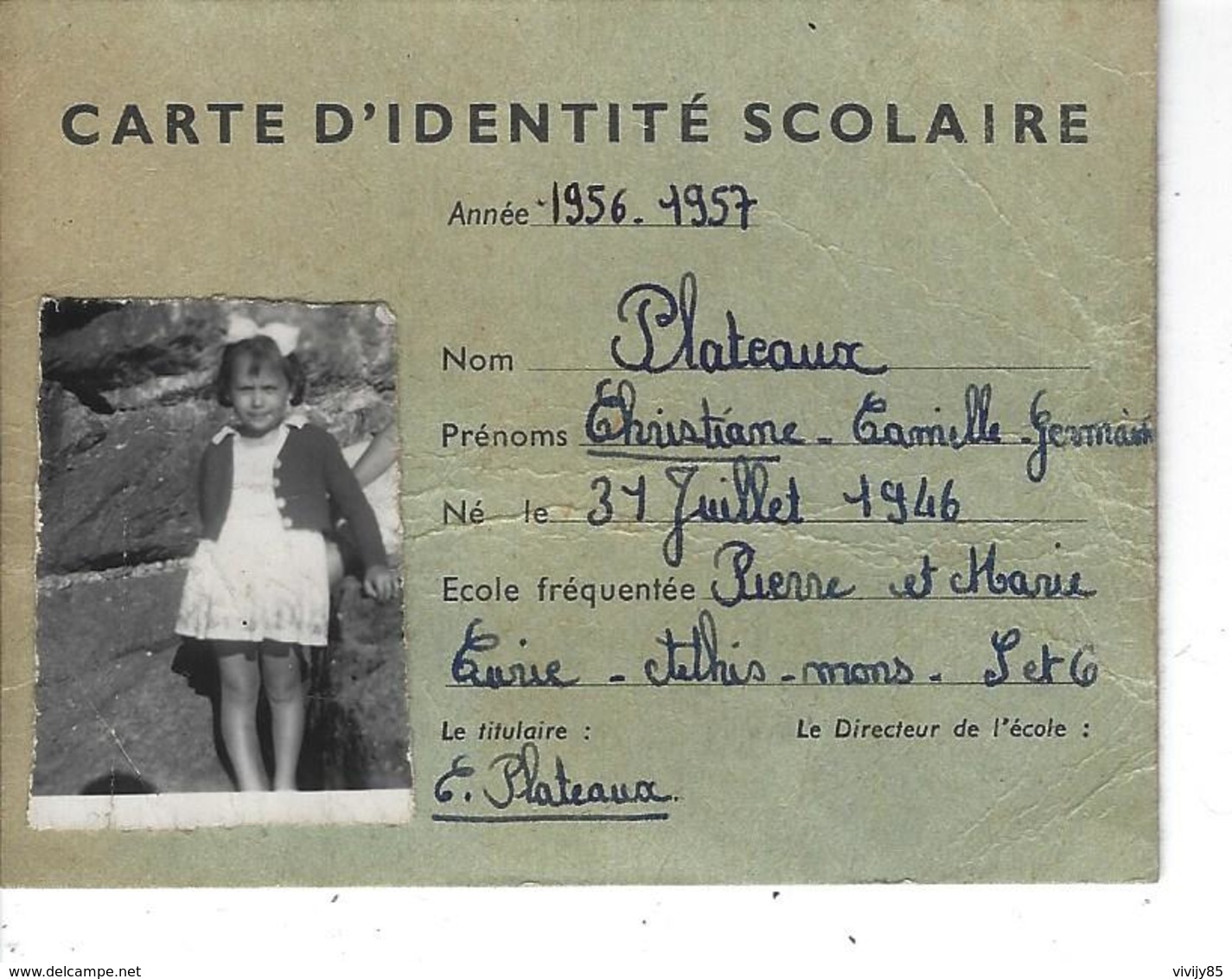 91 - ATHIS MONS - Rare Petite Carte D'identité Scolaire  Avec Photo Jeune Fille Christiane Plateaux - Ecole P.et M.Curie - Athis Mons