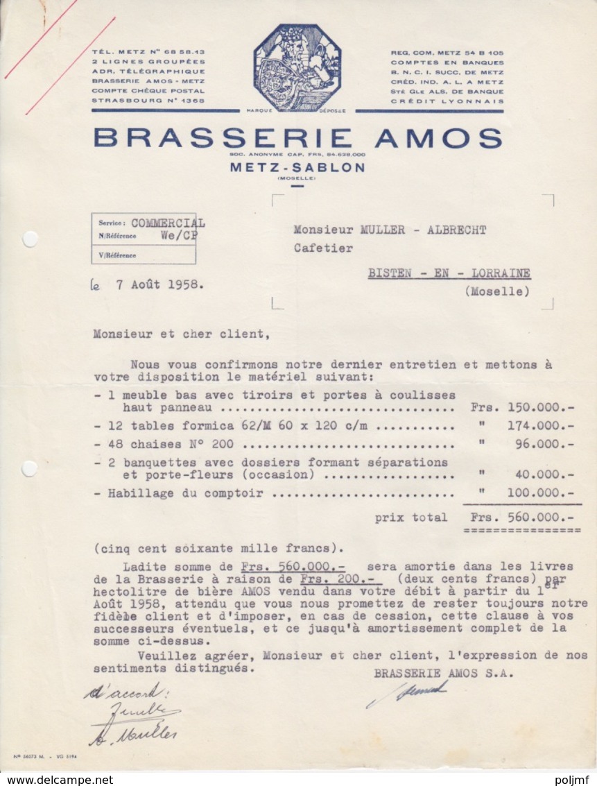 Lettre à Entête Illustrée Bleue De La Brasserie Amos (Gambrinus Avec Chope) En 1958, Capital 84.628.000, N° 56073 M - Alimentos