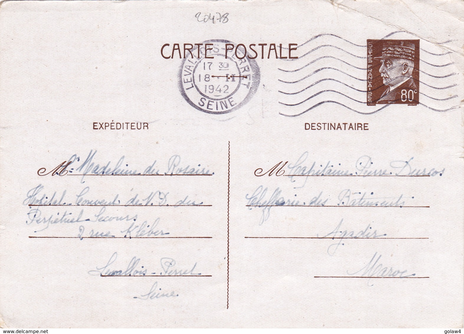 20478# ENTIER PETAIN CARTE POSTALE Obl LEVALLOIS PERRET SEINE 1942 Pour AGADIR MAROC - Guerre De 1939-45