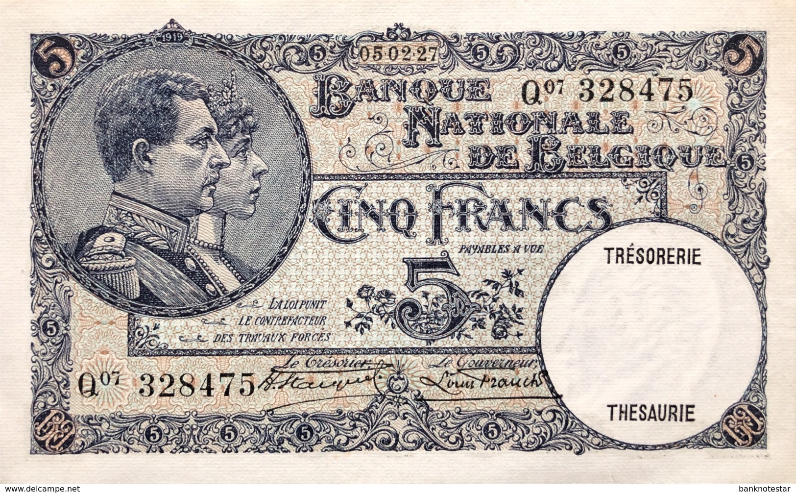 Belgium 5 Francs, P-97b (5.2.1927) - AU - 5 Francos