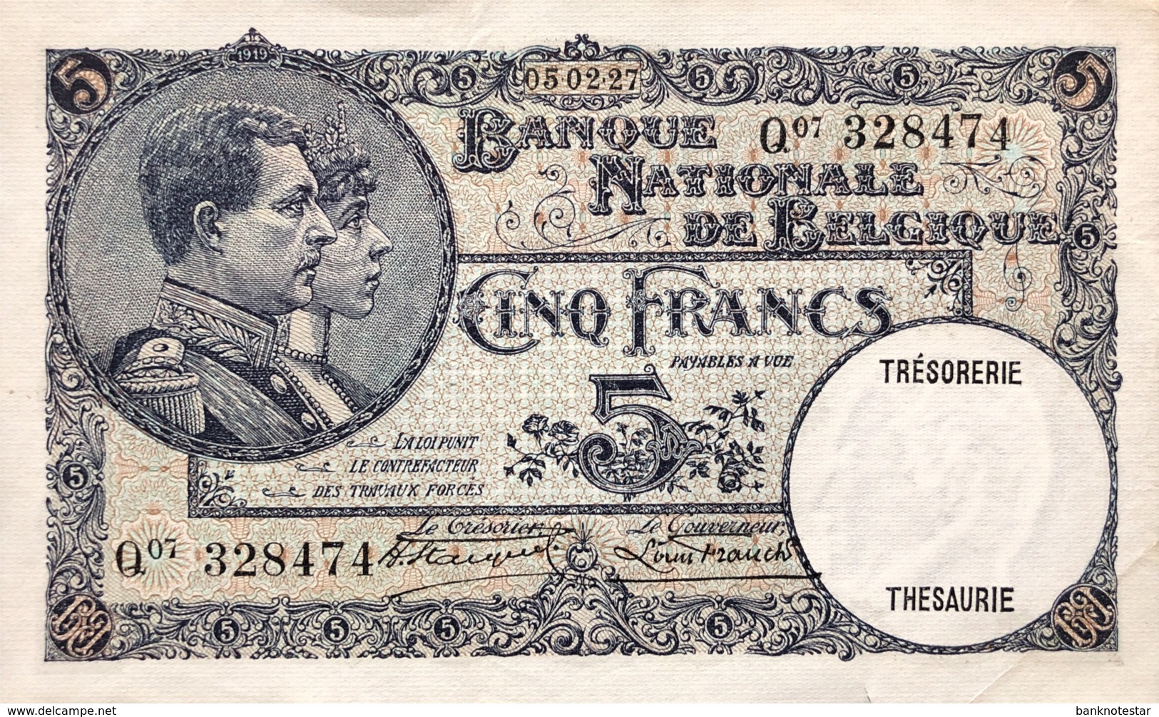 Belgium 5 Francs, P-97b (5.2.1927) - EF/XF+ - 5 Francs