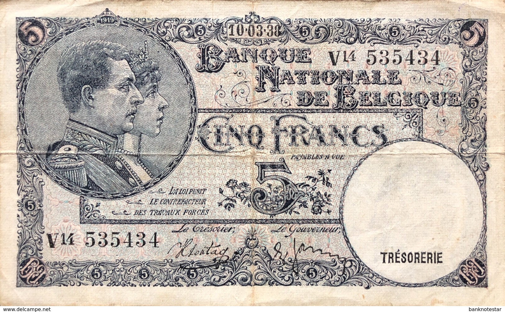 Belgium 5 Francs, P-97b (10.3.1938) - Fine - 5 Francs