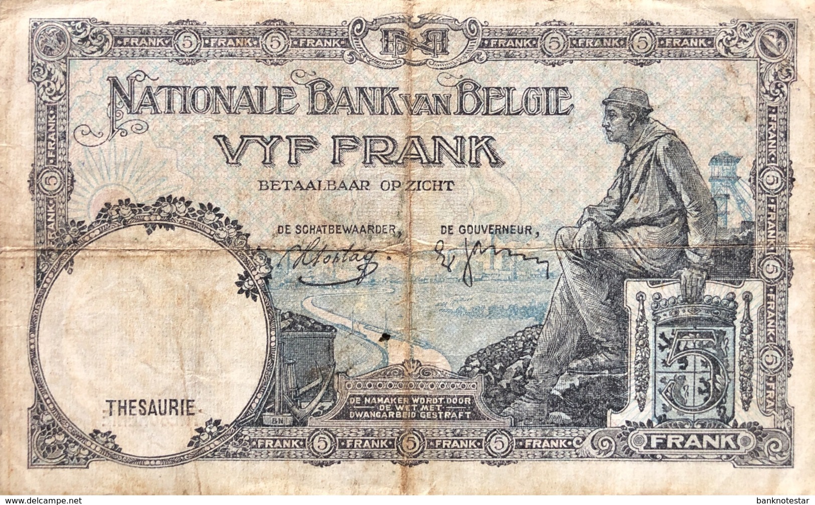 Belgium 5 Francs, P-97b (10.3.1938) - Fine - 5 Francs