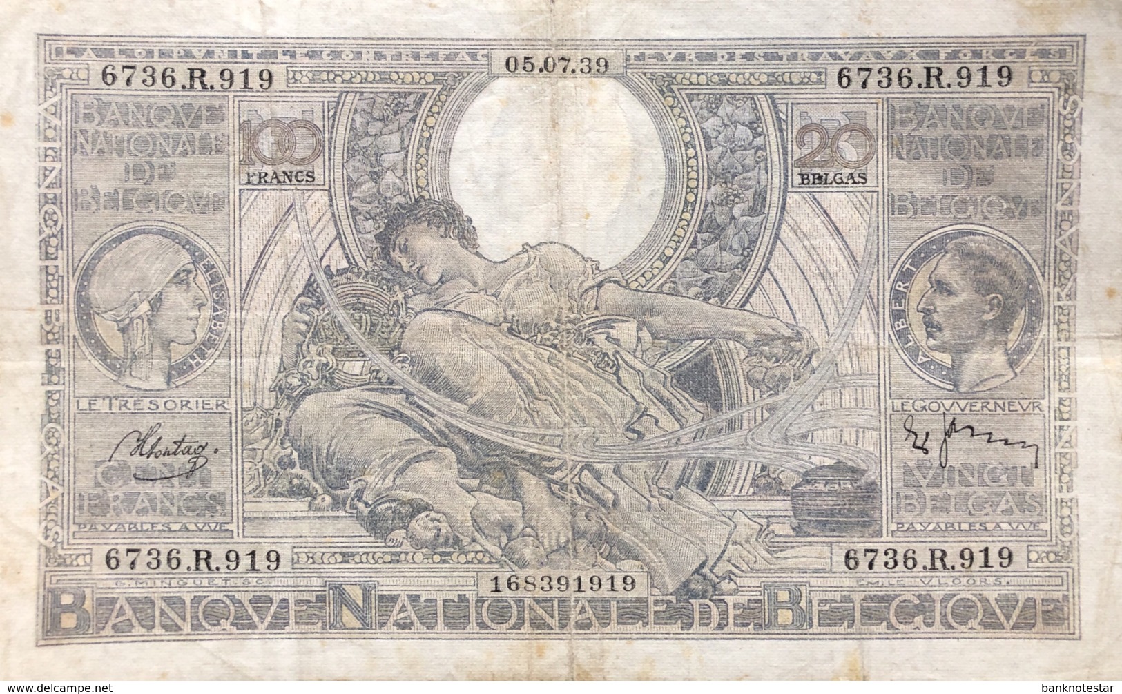 Belgium 100 Francs, P-107 (5.7.1939) - Very Fine - 100 Francos & 100 Francos-20 Belgas