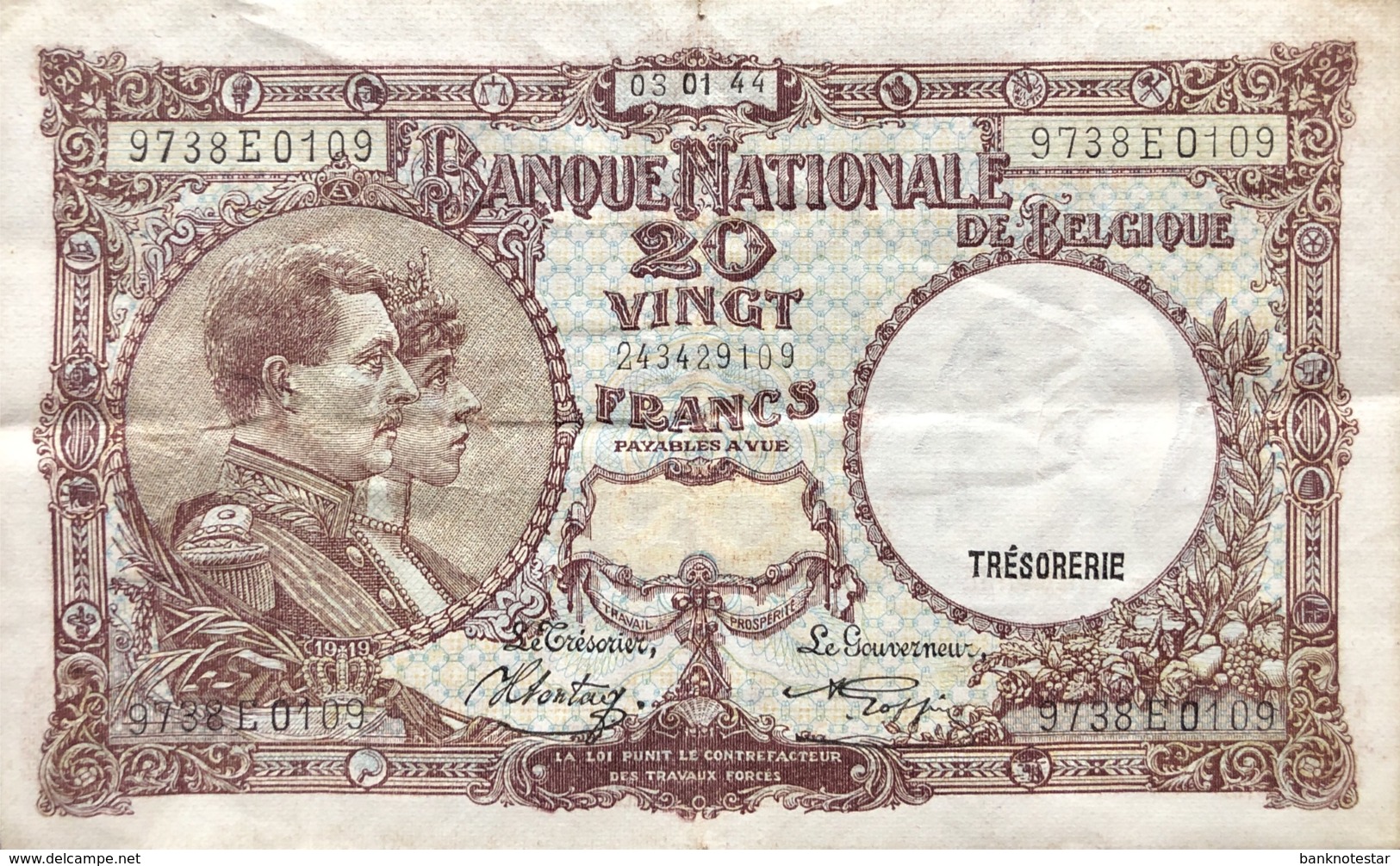 Belgium 20 Francs, P-111 (3.1.1944) - Fine Plus - Sonstige & Ohne Zuordnung