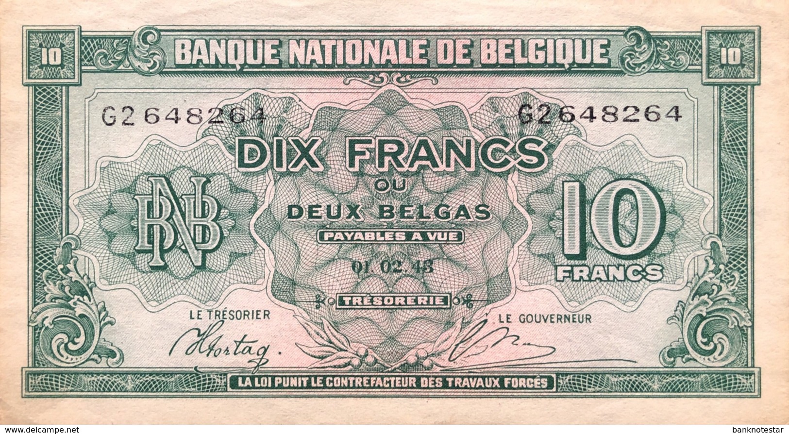 Belgium 10 Francs, P-122 (1.2.1943) - EF/XF++ - 10 Francs-2 Belgas