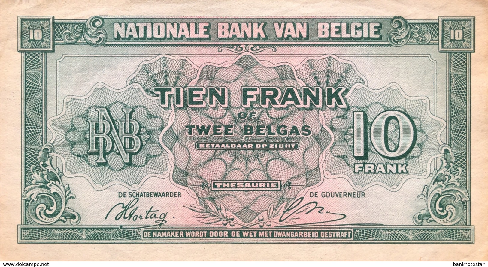 Belgium 10 Francs, P-122 (1.2.1943) - EF/XF++ - 10 Francs-2 Belgas