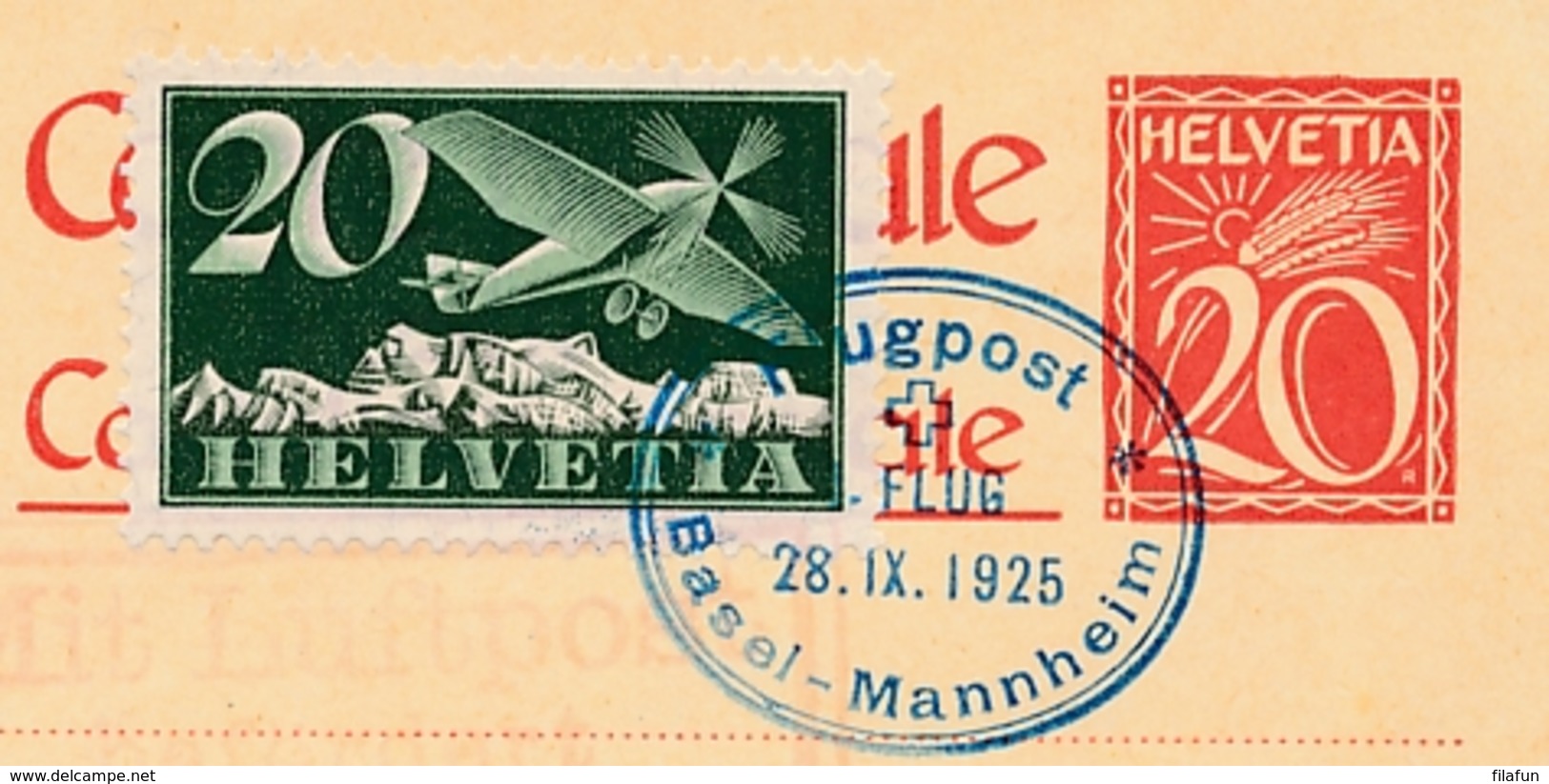 Schweiz - 1925 - 20c Postkarte + 20c Flugpost - Flugpost Basel - Mannheim - Premiers Vols