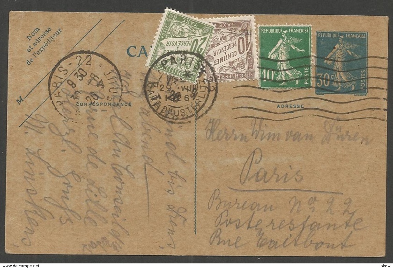 Carte Postale Semeuse De 1926, Paris, Gare Austerlitz Vers Paris 22 Poste Restante, Avec Timbres-Taxe 10 Et 20 Centimes - Cartes Postales Types Et TSC (avant 1995)