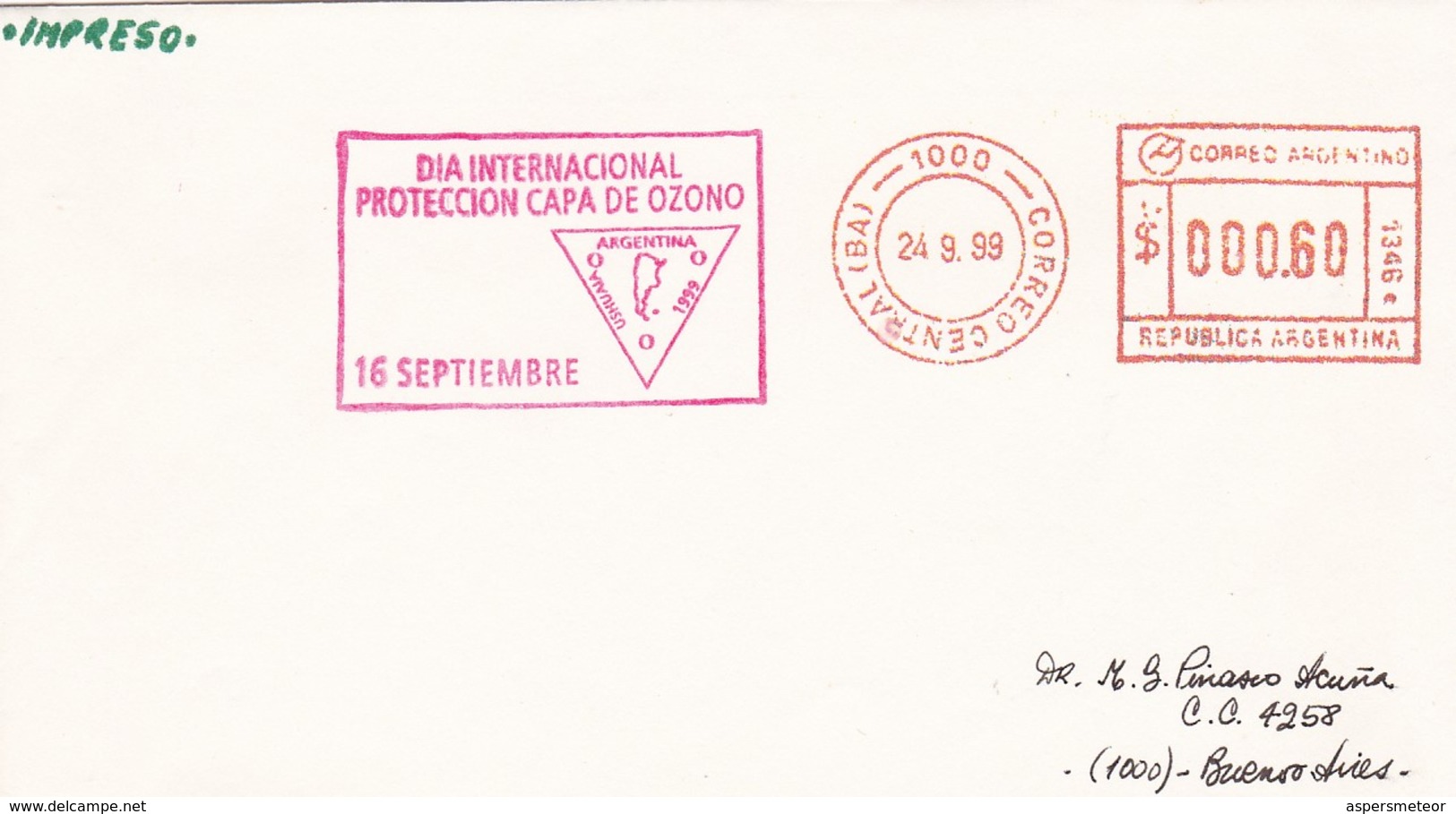 DIA INTERNACIONAL PROTECCION CAPA DE OZONO, COUCHE D'OZONE, OZONE LAYER. 1999 ARGENTINA SPC CIRCULATED -LILHU - Protection De L'environnement & Climat