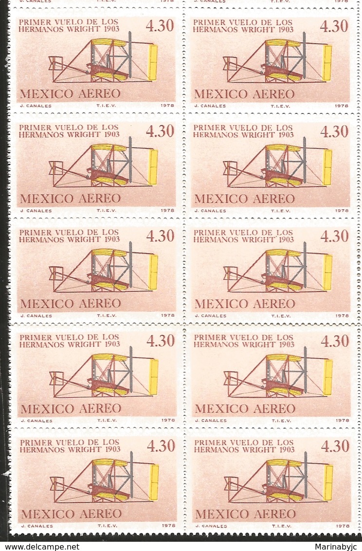 J) 1978 MEXICO, BLOCK OF 10, 75TH ANNIVERSARY OF 1ST POWERED FLIGHT, FLYER, DIFFERENT VIEW, SCOTT C591, MN - México