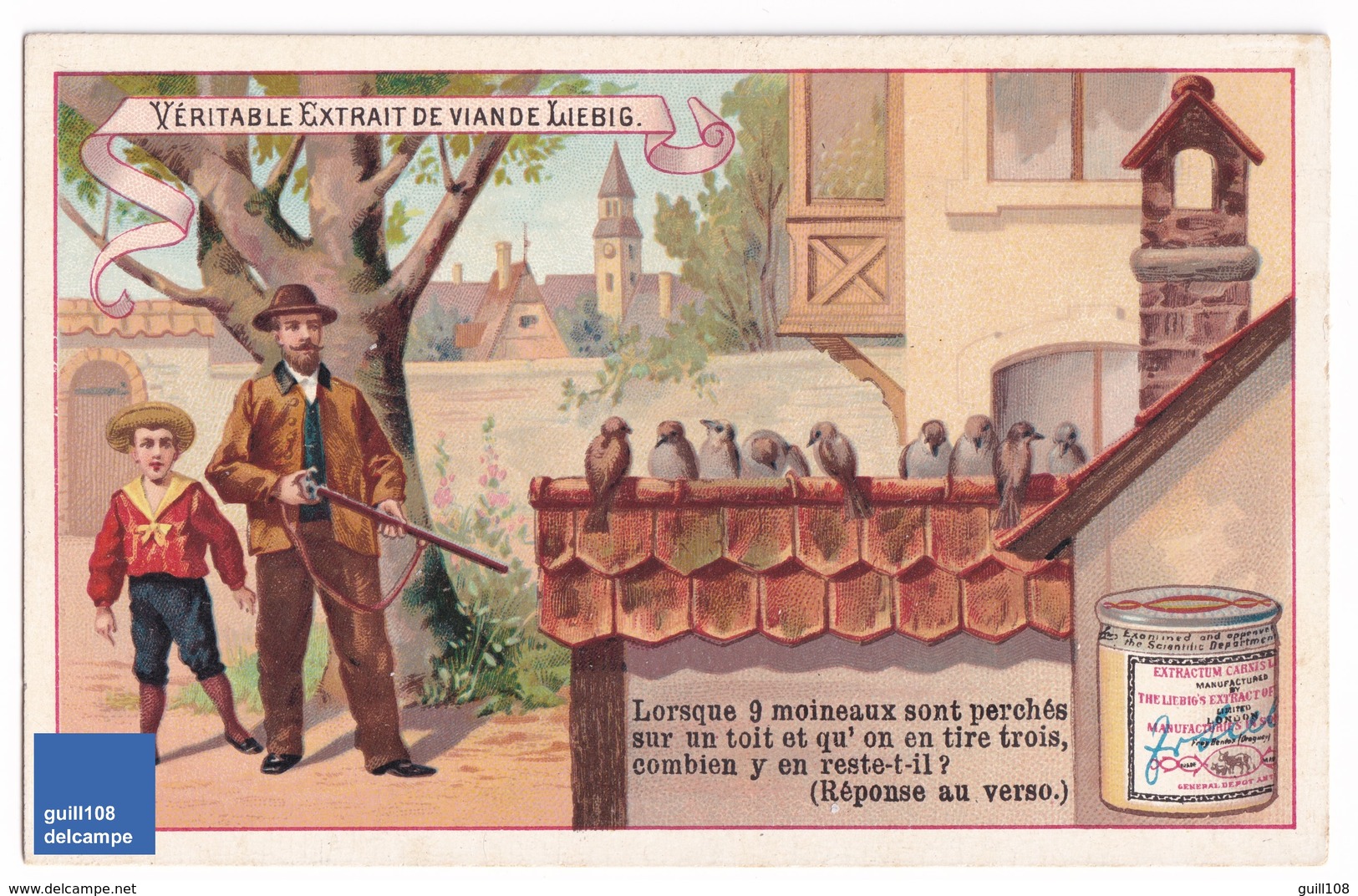 Jolie Chromo Liebig Devinette énigme 9 Moineaux Sur Un Toit Tir Fusil Chasse Oiseau Moineau Victorian Trade Card A32-53 - Liebig