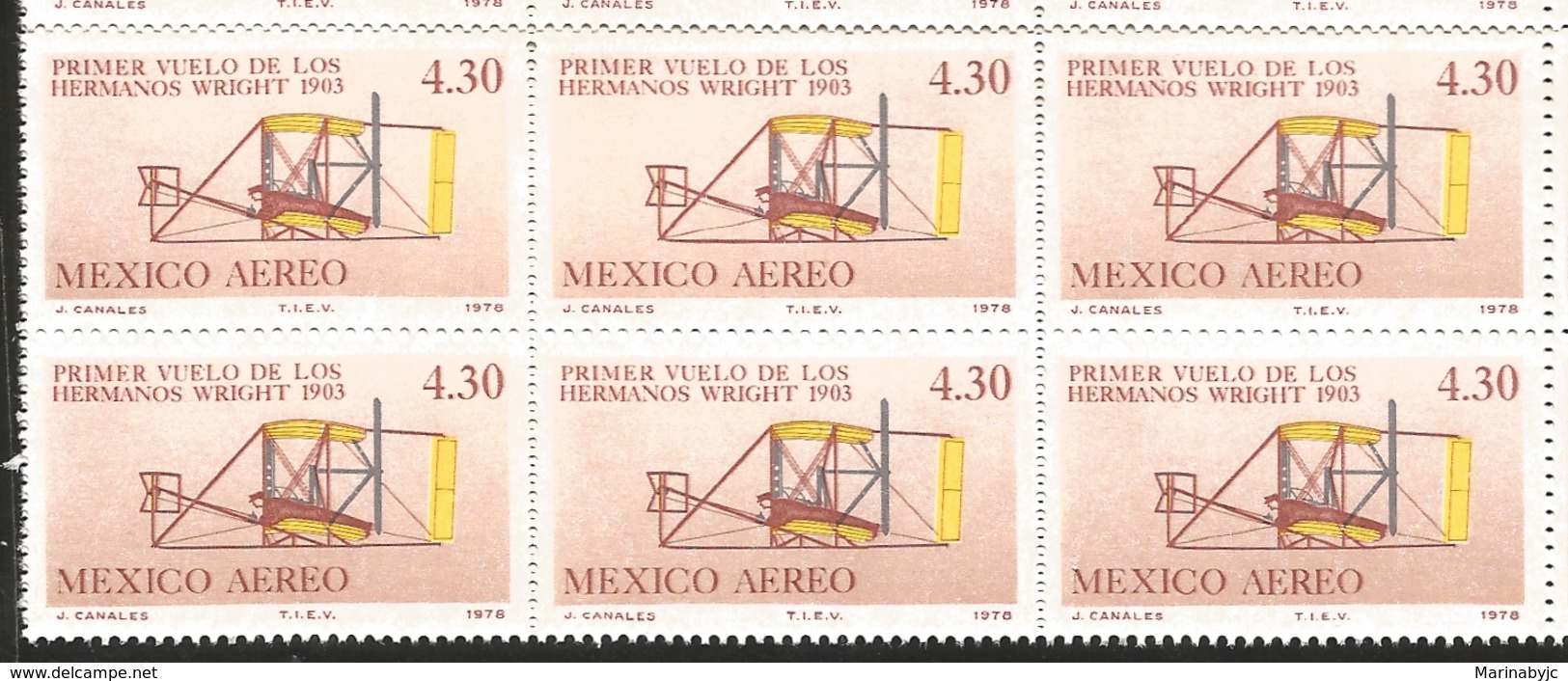 J) 1978 MEXICO, BLOCK OF 6, 75TH ANNIVERSARY OF 1ST POWERED FLIGHT, FLYER, DIFFERENT VIEW, SCOTT C591, MN - Mexico