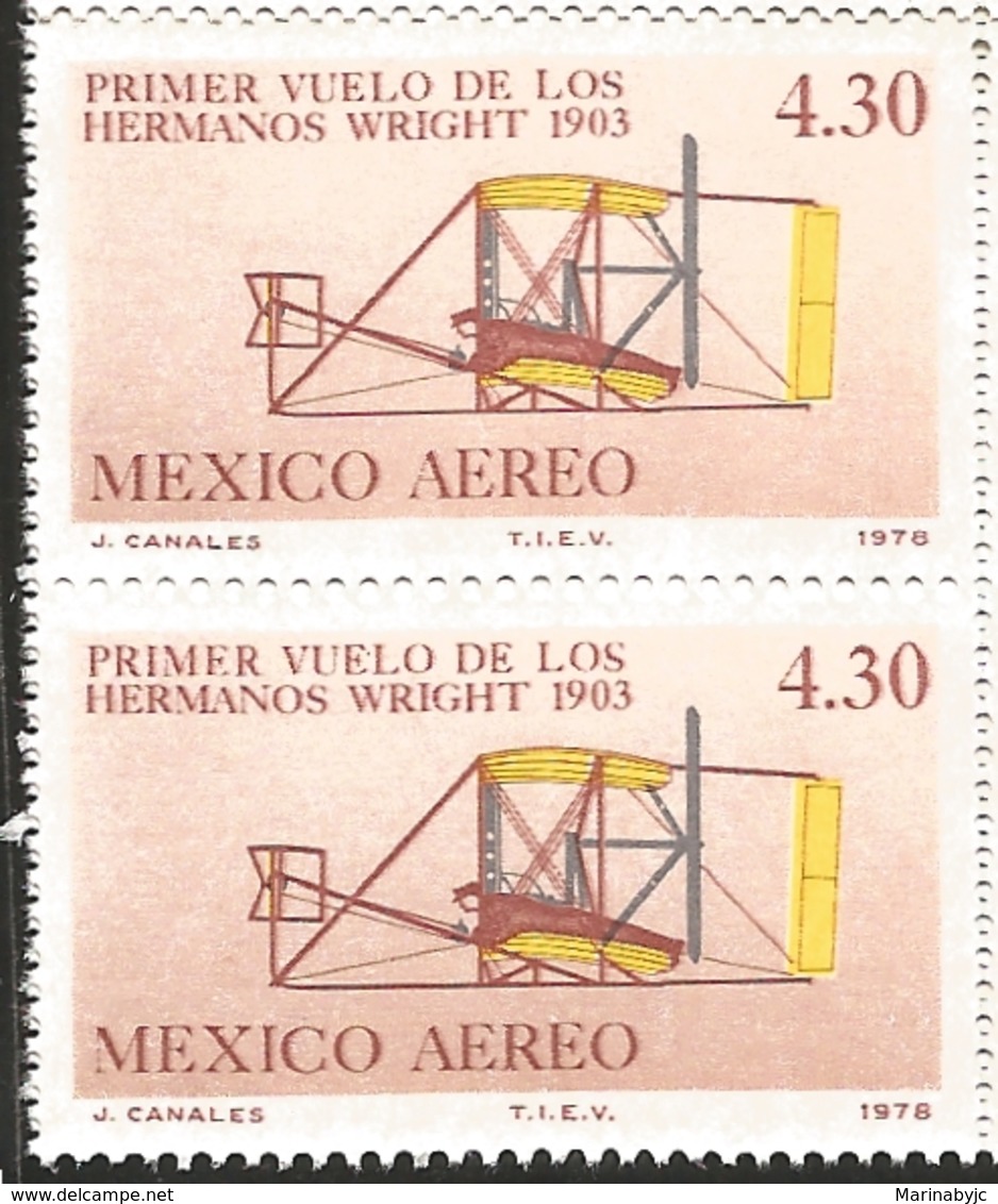 J) 1978 MEXICO, PAIR, 75TH ANNIVERSARY OF 1ST POWERED FLIGHT, FLYER, DIFFERENT VIEW, SCOTT C591, MN - Mexico