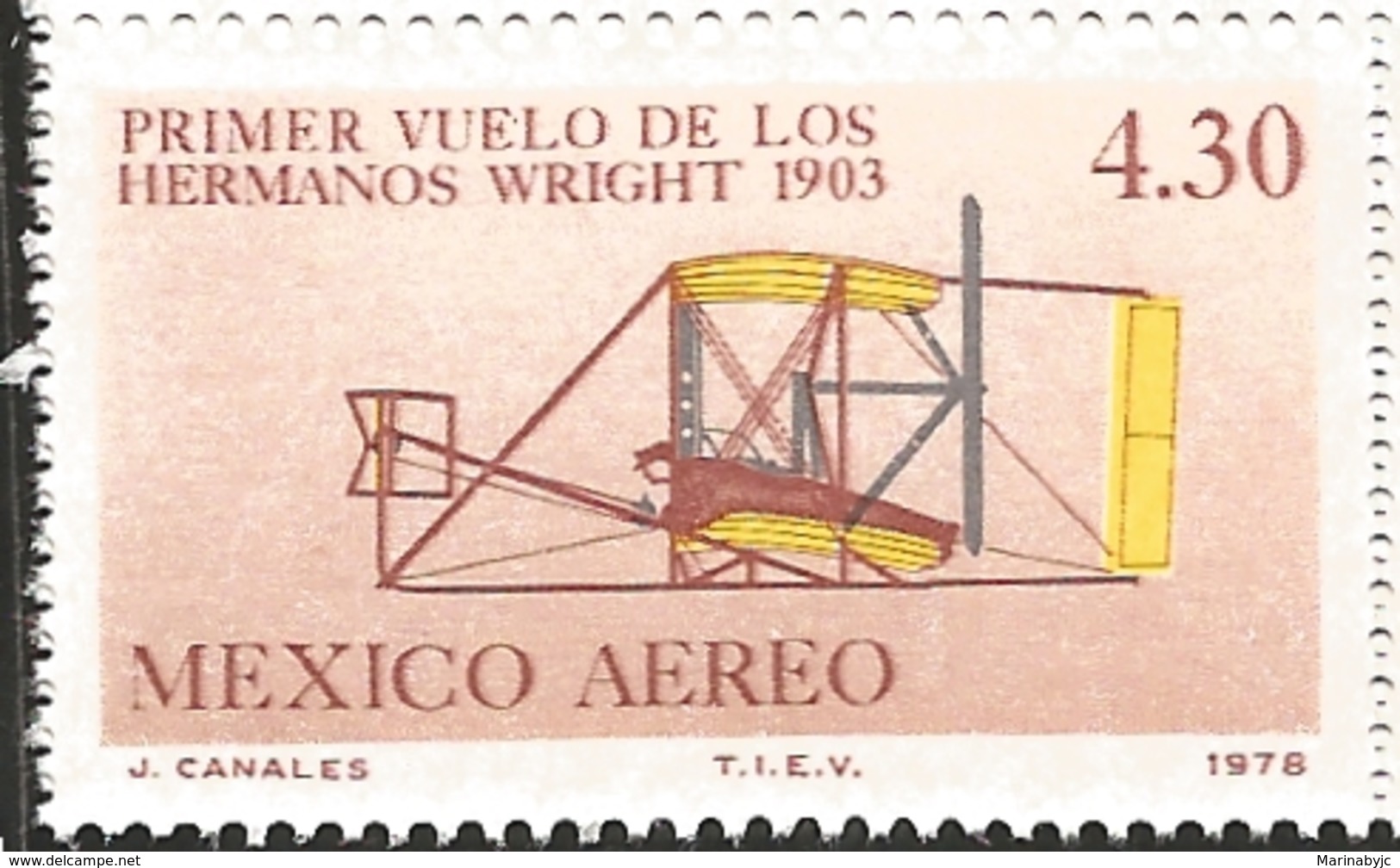 J) 1978 MEXICO, 75TH ANNIVERSARY OF 1ST POWERED FLIGHT, FLYER, DIFFERENT VIEW, SCOTT C591, MN - Mexico