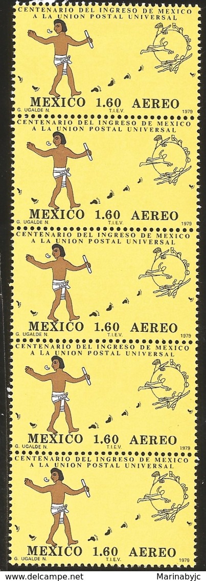 J) 1979 MEXICO, STRIP OF 5, CENTENARY OF MEXICOS MEMBERSHIP IN UPU, MESSENGER AND UPU EMBLEM, SCOTT C611, MN - Mexico