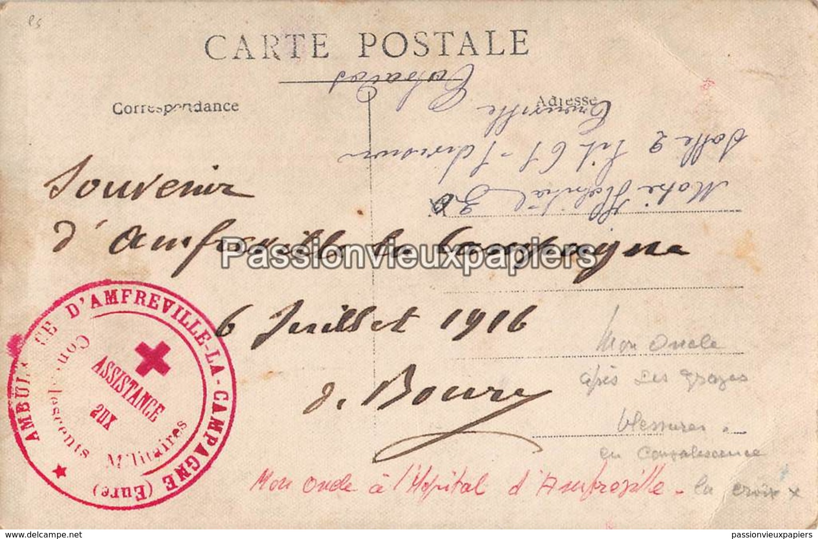 CARTE PHOTO AMFREVILLE LA CAMPAGNE AMBULANCE 1916 ASSISTANCE AUX CONVALESCENTS MILITAIRES - Altri & Non Classificati