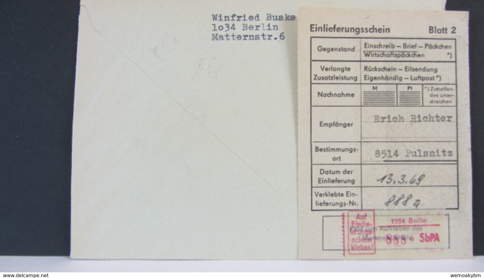 DDR: E-Fern-Brief Mit Selbstbedienungs-R-Zettel 50 Pf 1054 Berlin 888 A -mit Einlieferungsschein V 13.3.69  Knr: SbPÄ 2C - R-Zettel