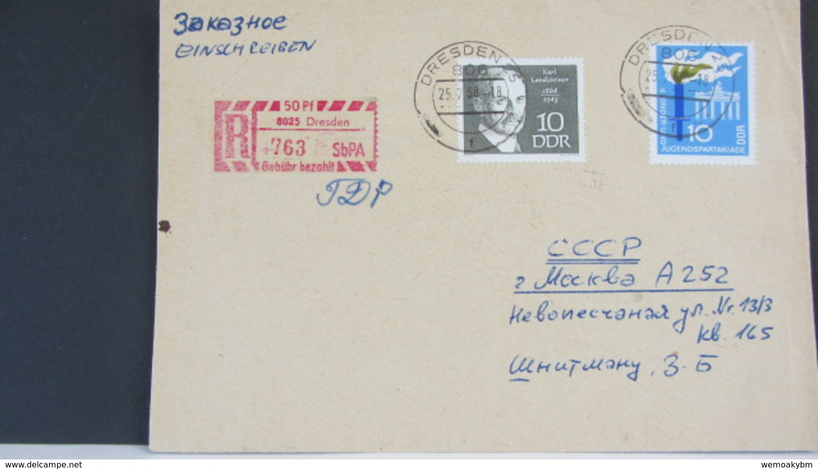 DDR: E-Ausl-Brief Mit Selbstbedienungs-R-Zettel 50 Pf Aus 8025 Dresden (763)-mit Einlieferungsschein V 25.7.68 Knr: SbPA - Etiquetas De Certificado