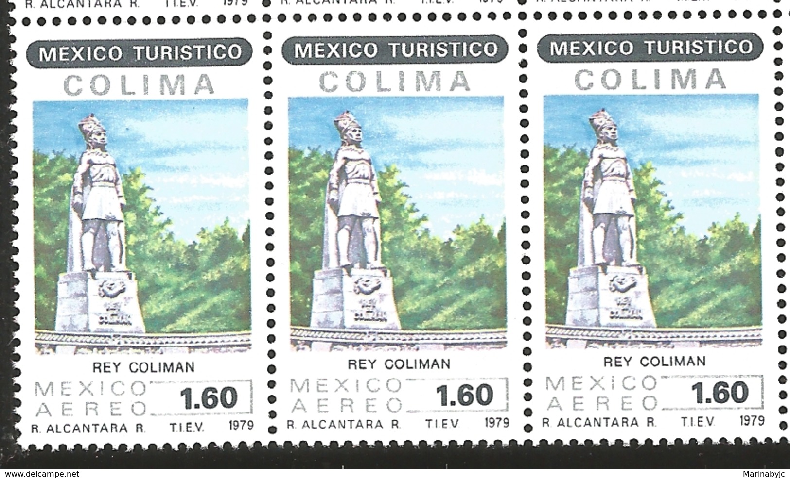 J) 1979 MEXICO, STRIP OF 3, KING COLIMAN STATUE, COLIMA, SCOTT C616, MN - Mexico