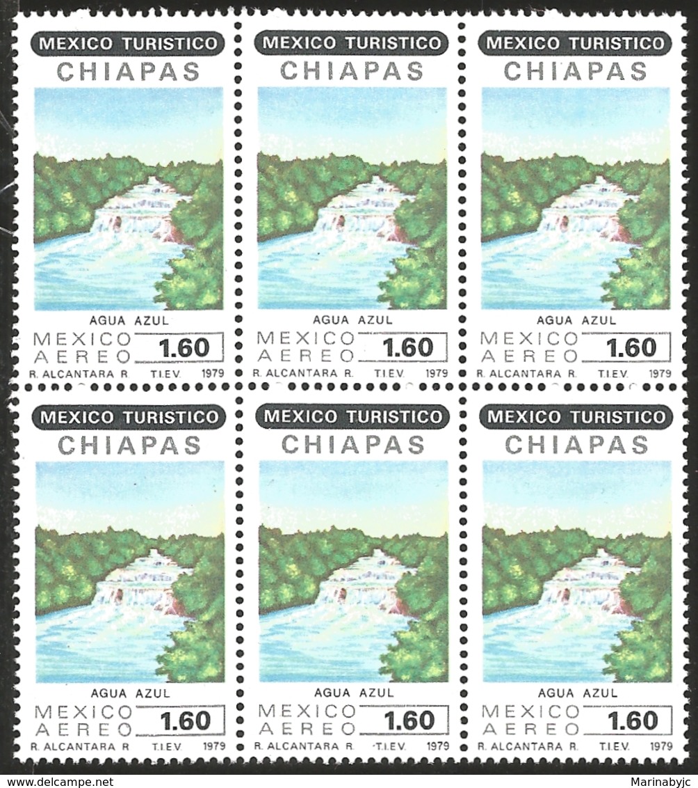 J) 1979 MEXICO, BLOCK OF 6, TOURIST, AGUA AZUL WATERFALL, CHIAPAS, SCOTT C615, MN - Mexico