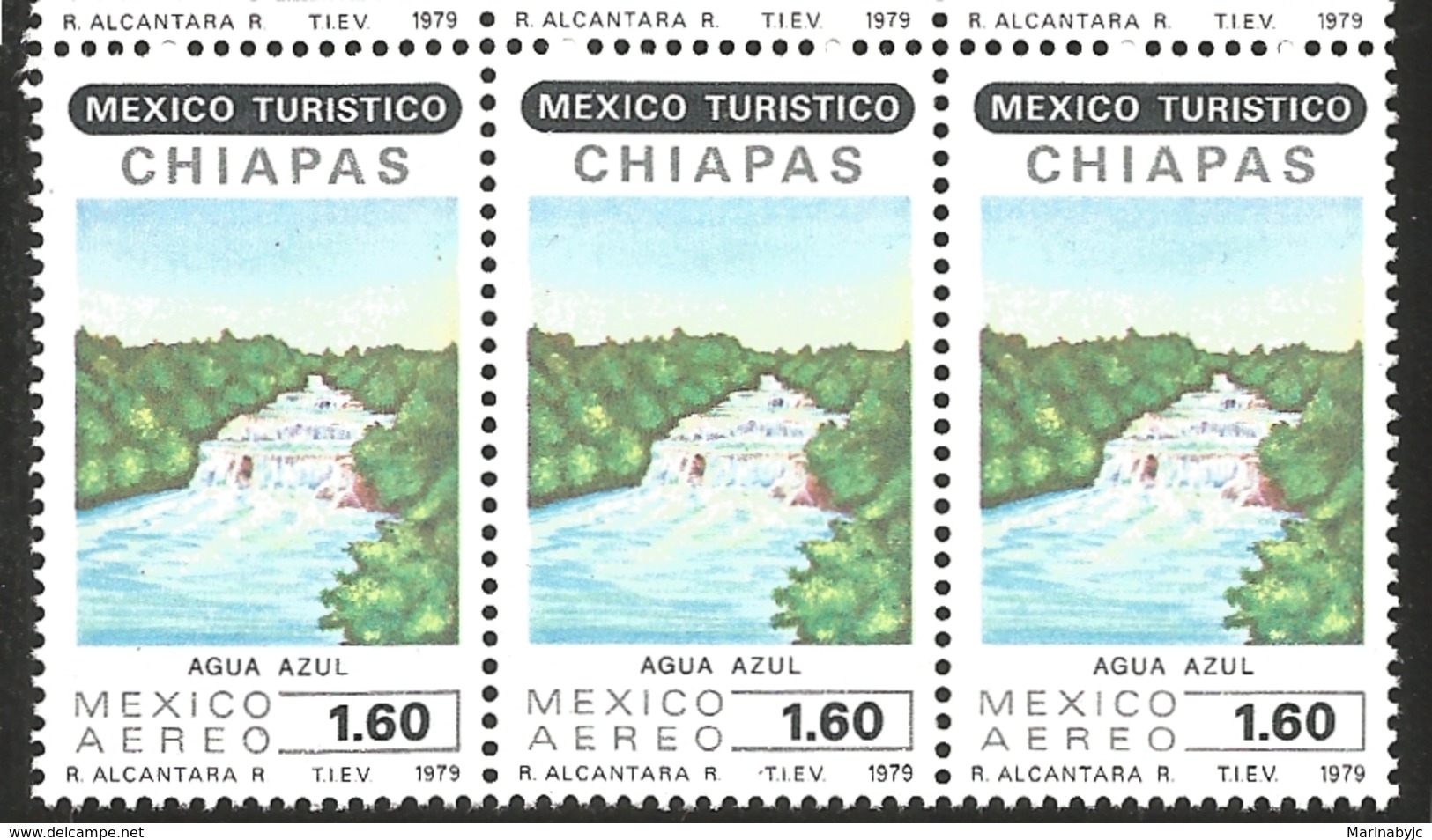 J) 1979 MEXICO, STRIP OF 3, TOURIST, AGUA AZUL WATERFALL, CHIAPAS, SCOTT C615, MN - Mexico