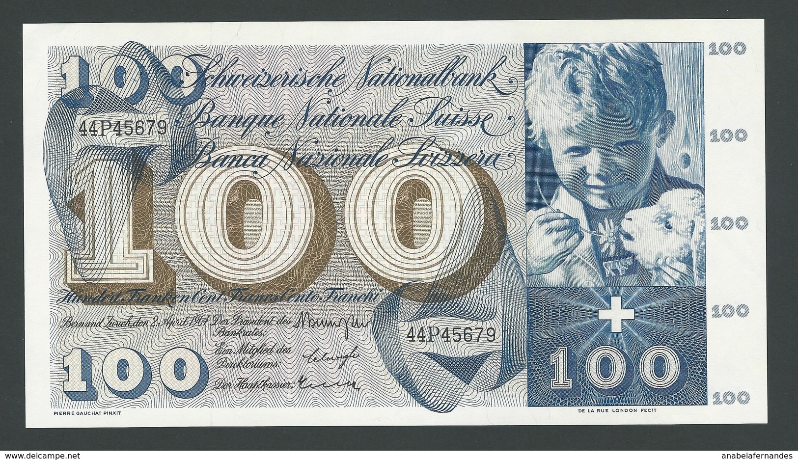 SUISSE  SWITZERLAND RARE 100 FRANCS  1964  UNC - Suiza