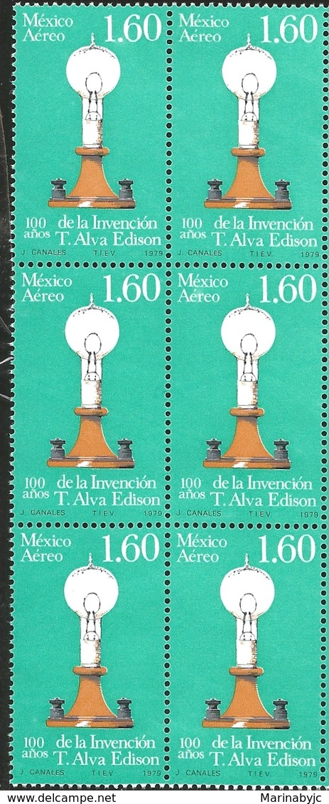 J) 1979 MEXICO, BLOCK OF 6, CENTENARY OF INVENTION OF ELECTRIC LIGHT, EARLY LAMP, SCOTT C621, MN - Mexico