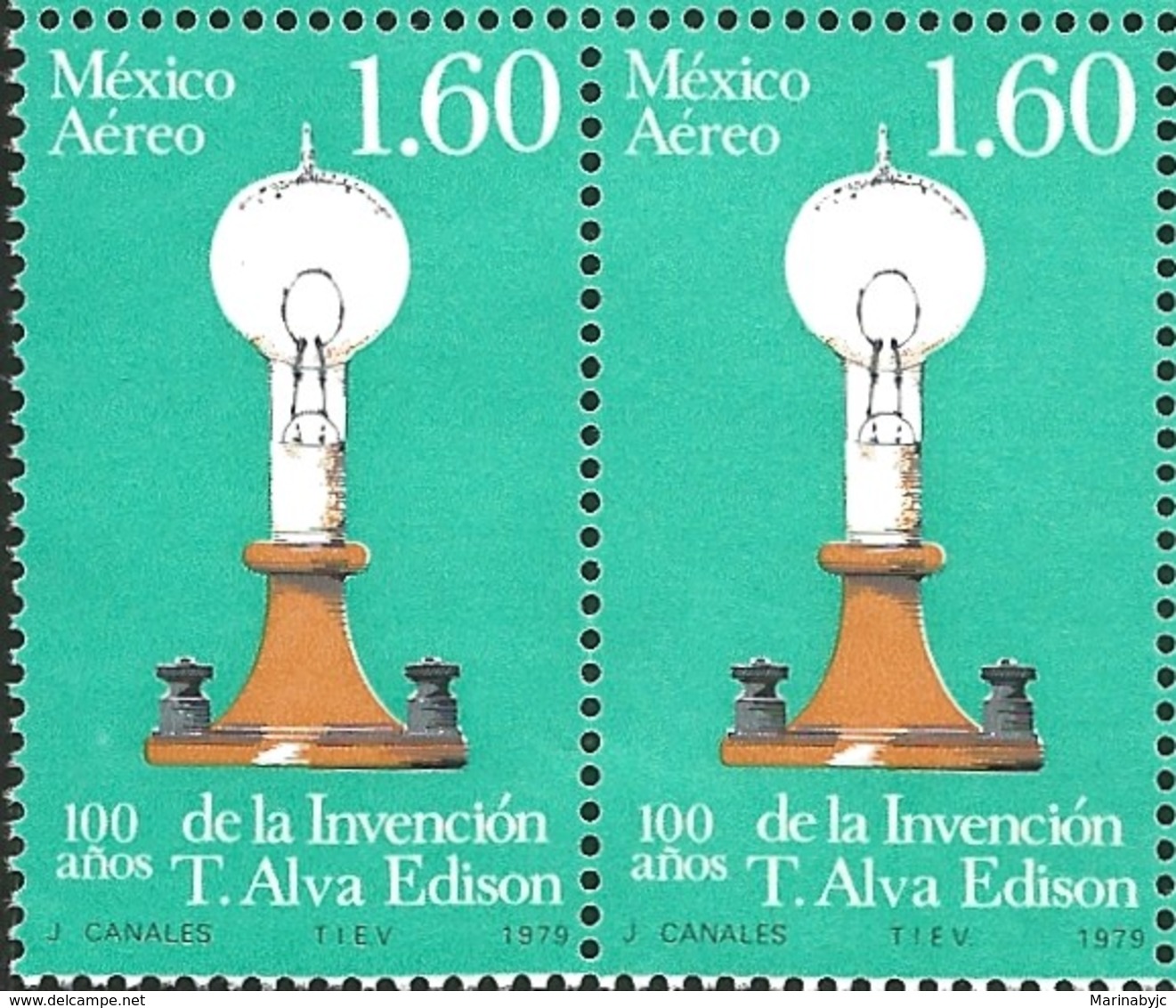 J) 1979 MEXICO, PAIR, CENTENARY OF INVENTION OF ELECTRIC LIGHT, EARLY LAMP, SCOTT C621, MN - Mexico