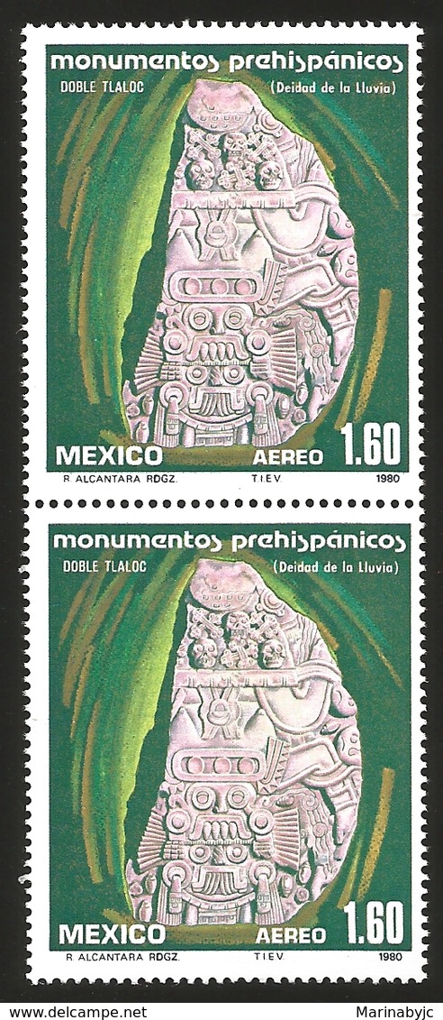 J) 1980 MEXICO, PAIR, PREHISPANIC MONUMENTS, TLALOC, WATER GOD, SCOTT C625, MN - Messico