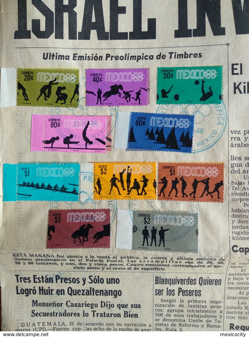 MEXICO 1968 OLYMPIC GAMES Newspaper W/ Stamp Set, FDC Pmks., Unique Item, Nice - Mexico