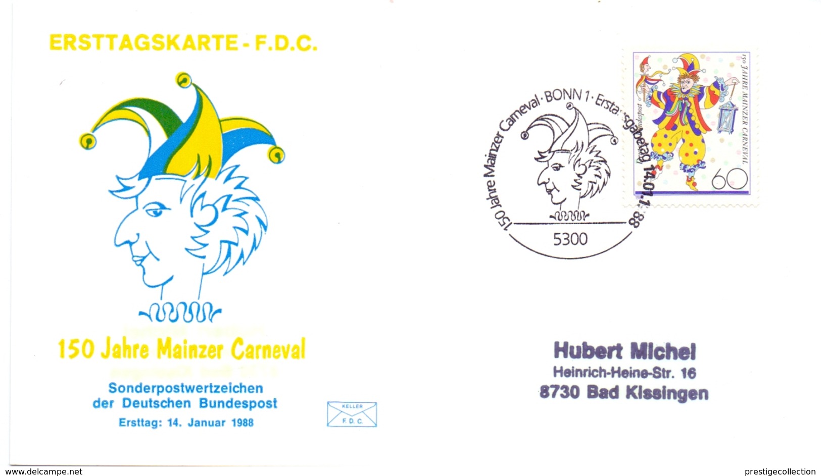 GERMANY FDC POST CARD   150 JAHRE MAINZERCARNEVAL 1988 (FEB20596) - 1. Tag - FDC (Ersttagblätter)