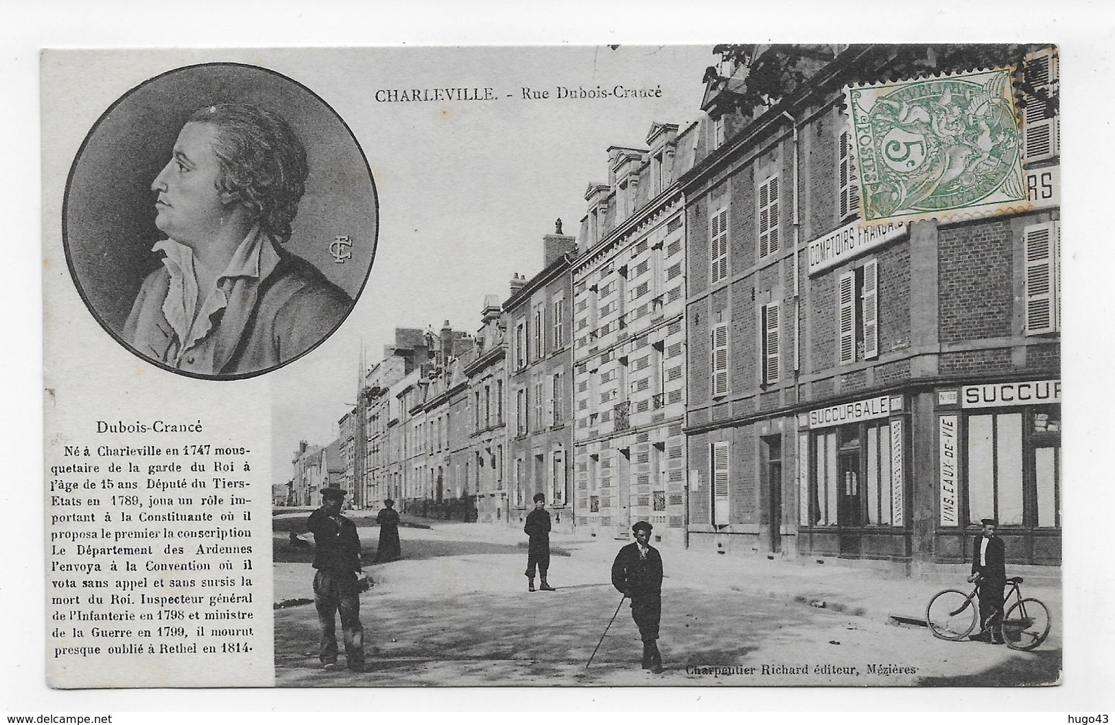 (RECTO / VERSO) CHARLEVILLE EN 1907 - RUE DUBOIS CRANCE AVEC PERSONNAGES ET VELO - CPA VOYAGEE - Charleville