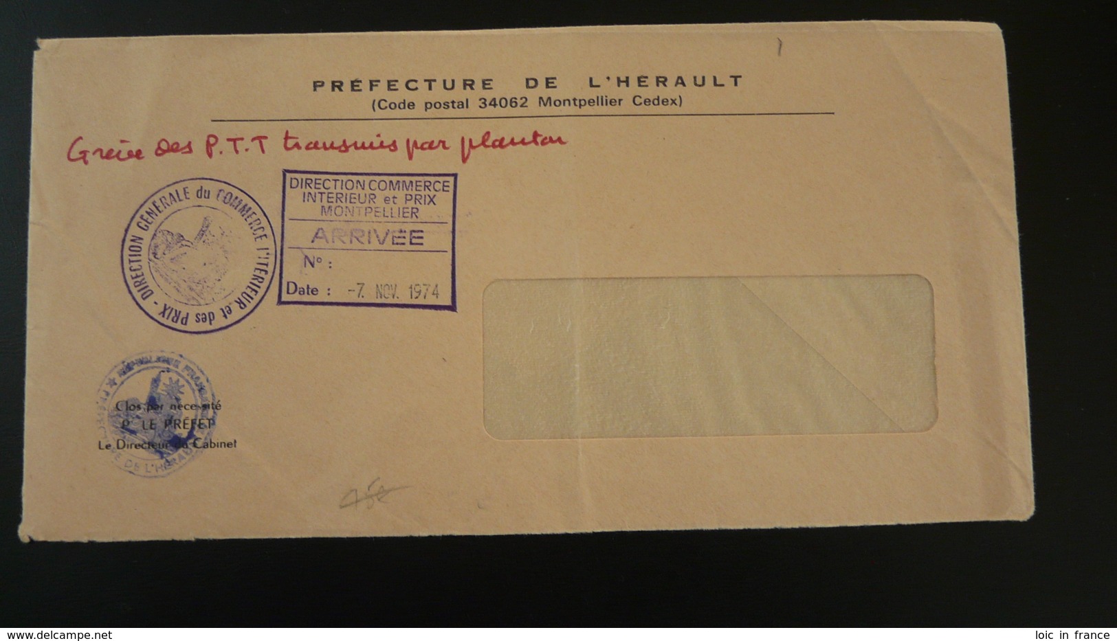 Lettre Grève Postale PTT Pli De Service Préfecture De L'Hérault 34 Montpellier 1974 (ex 1) - Dokumente