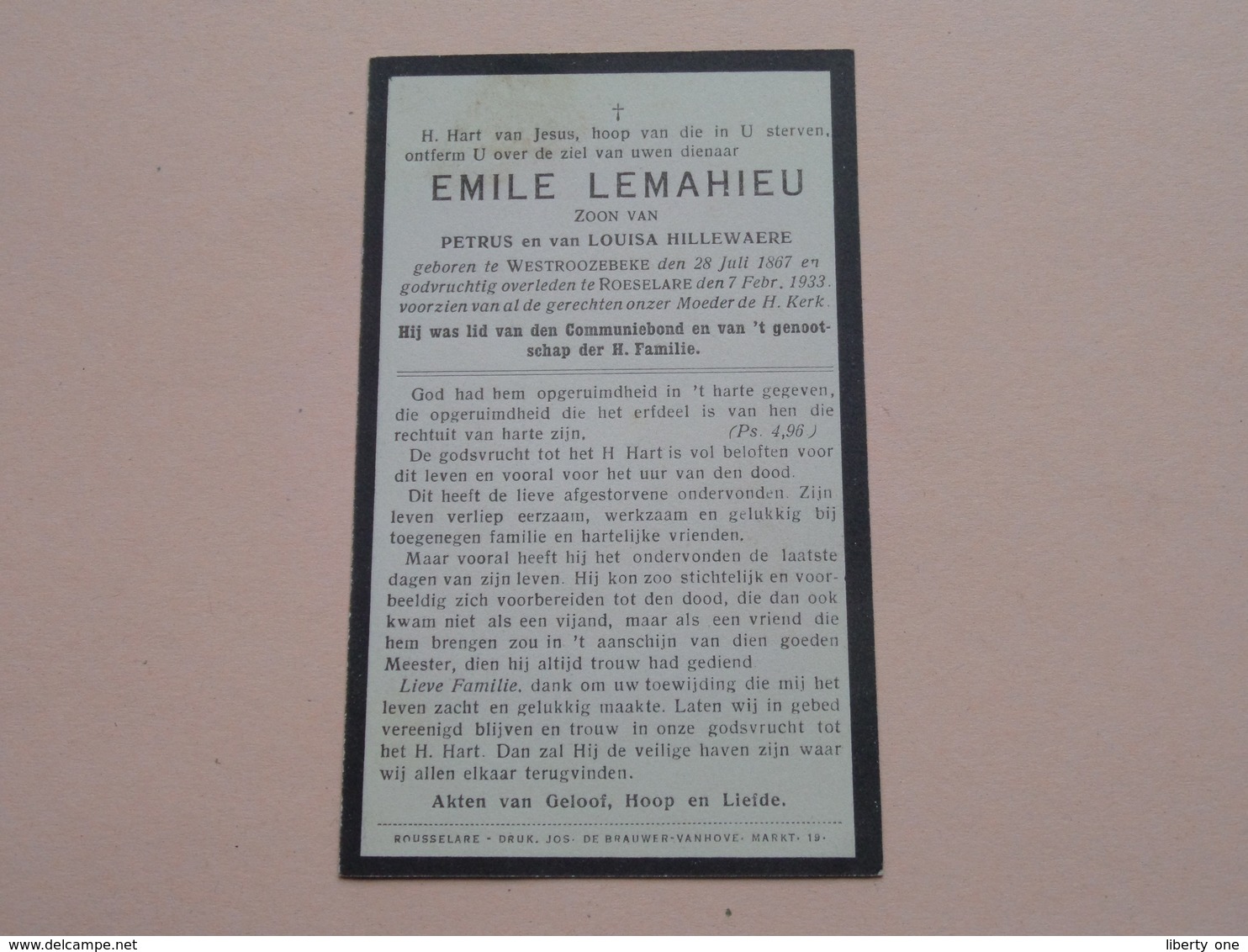 DP Emile LEMAHIEU ( Zoon > HILLEWAERE ) Westroozebeke 28 Juli 1867 - Roeselare 7 Feb 1933 ! - Todesanzeige