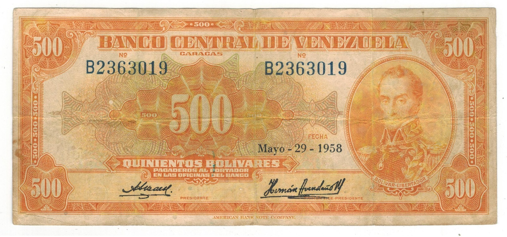 Venezuela 500 Bolivares, 1958,  F/VF. Rare. - Venezuela