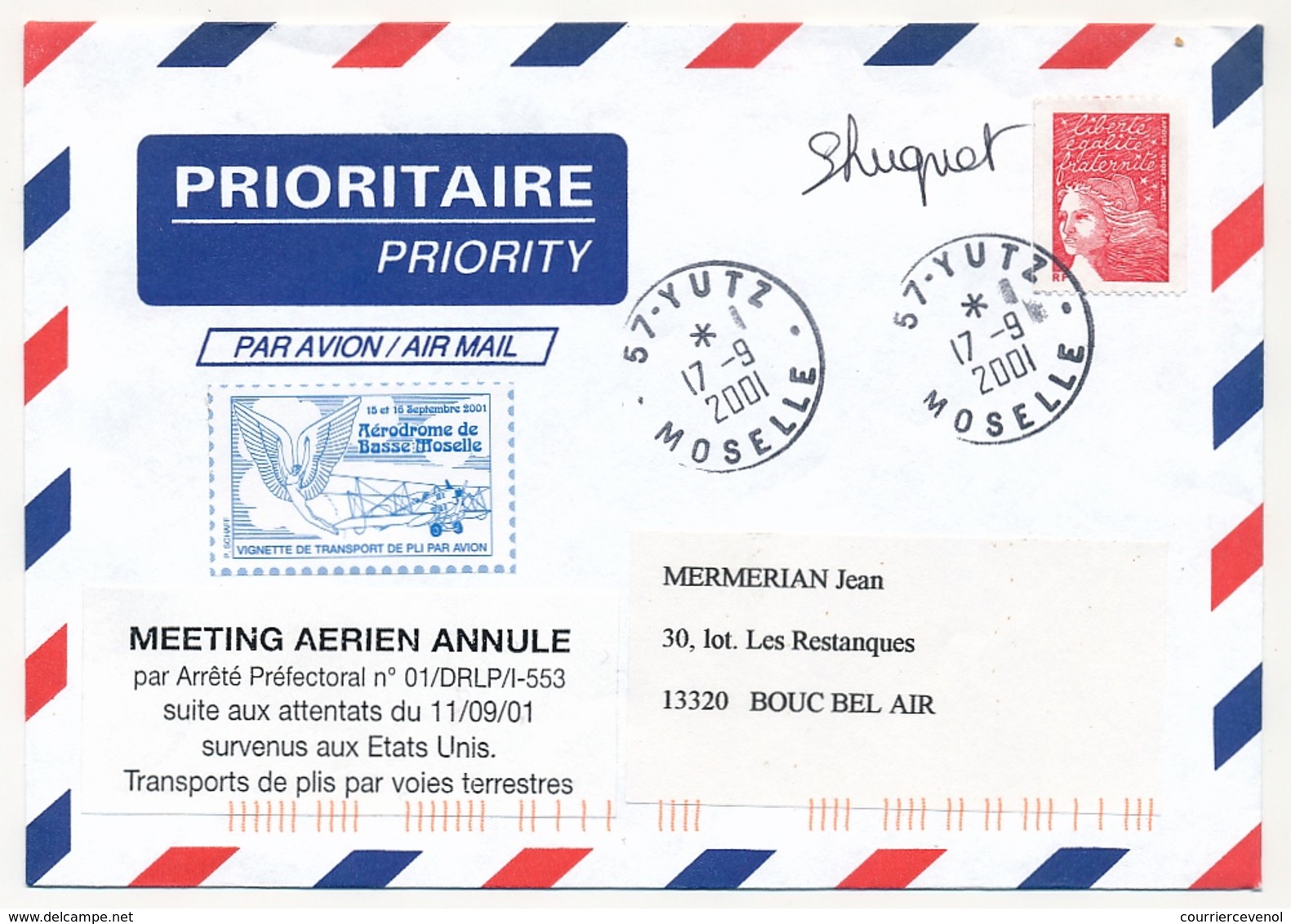 FRANCE - Env Depuis YUTZ (Moselle) 17/9/2001 - Meeting Aérien Annulé Suite Attentats USA - Vignette Transport Pli Avion - 1960-.... Lettres & Documents