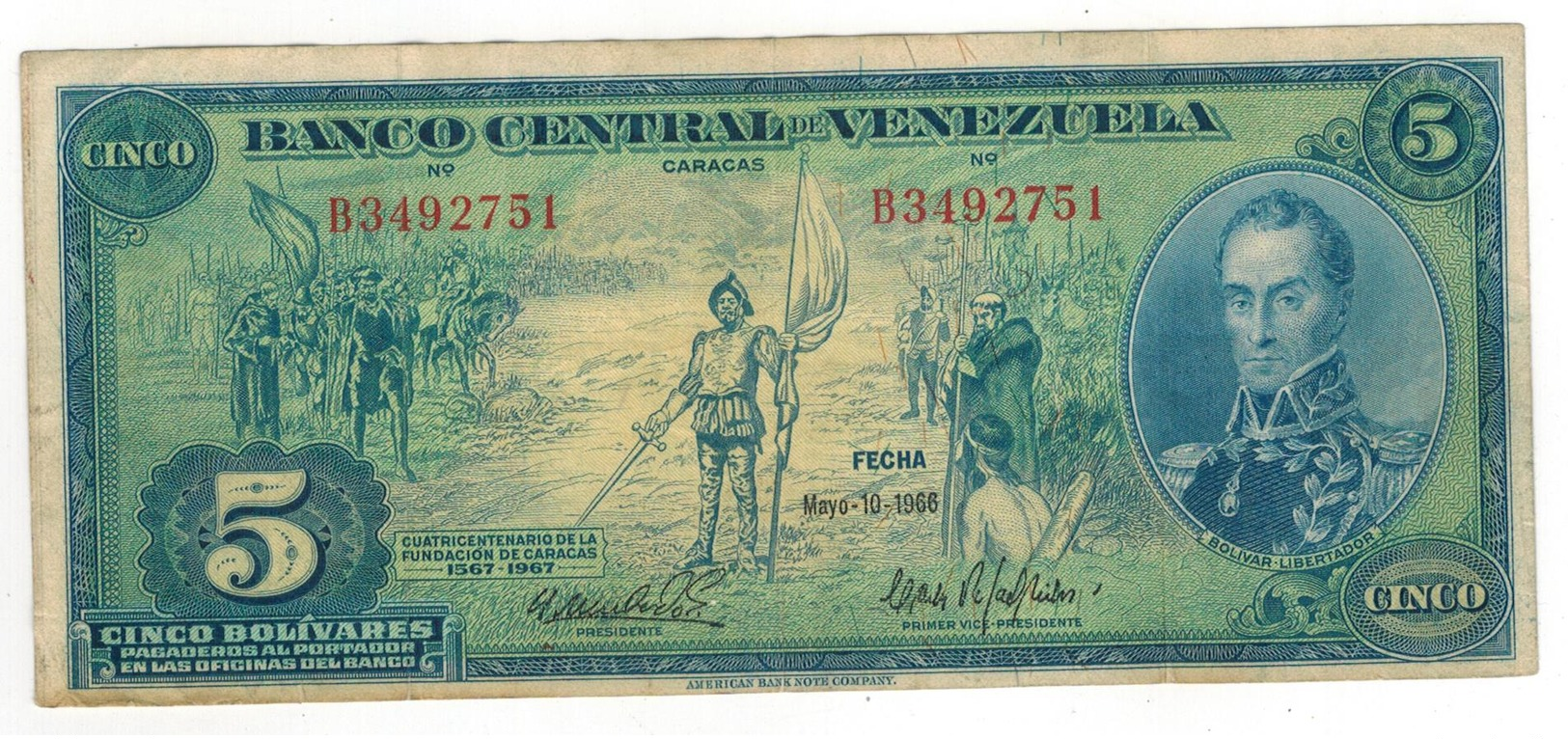 Venezuela 5 Bolivares, 1966,  Comm. Issue. VF. - Venezuela