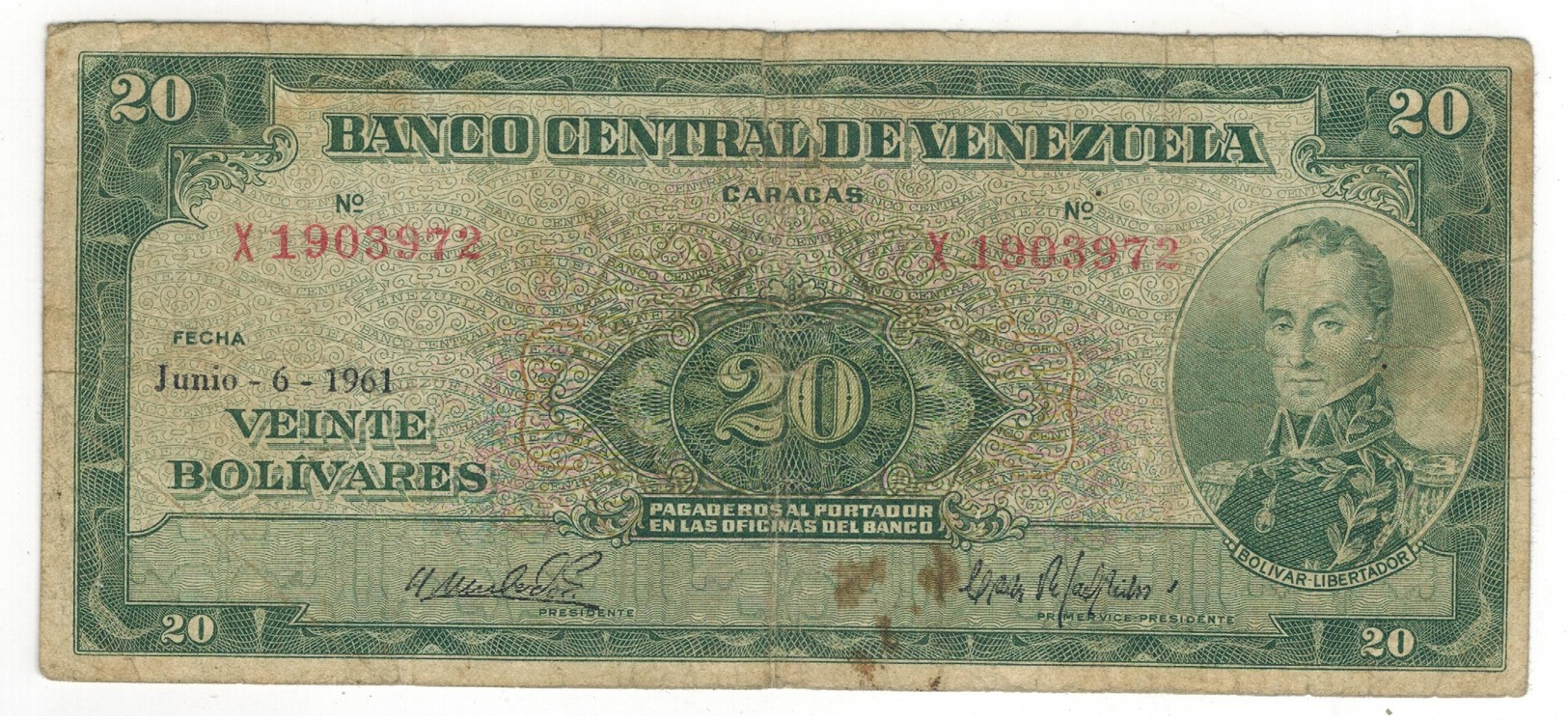 Venezuela 20 Bolivares, 1961. VG/F. - Venezuela