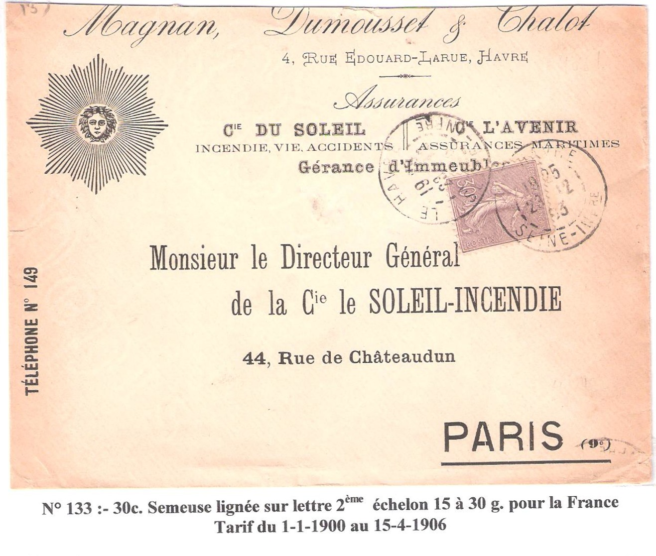 30c.semeuse Lignée Sur Lettre 2ème échelon Oblitéré LE HAVRE Dateur A3 - 1877-1920: Semi-Moderne