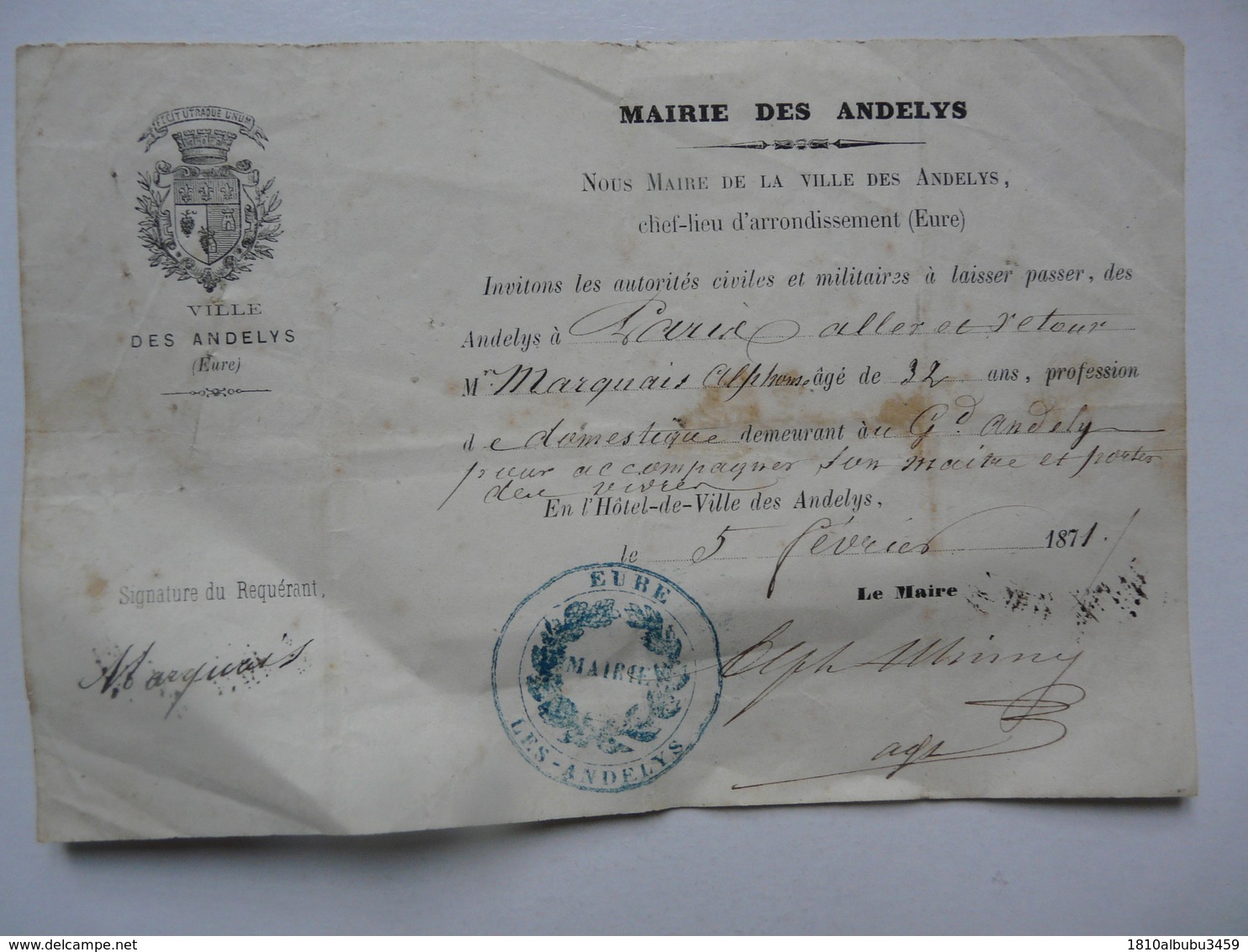 VIEUX PAPIERS - LAISSER PASSER : Mairie Des Andelys (Eure) - Documents Historiques