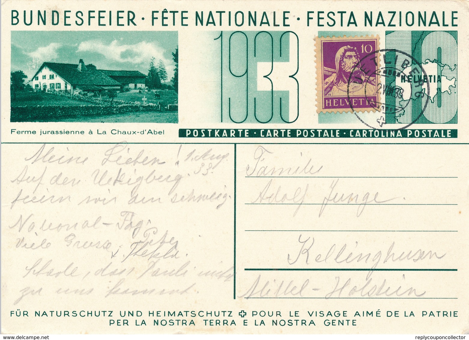 SCHWEIZ / SUISSE / UETLIBERG  -  1933 ,  Bundesfeier  Steinbock - Entiers Postaux