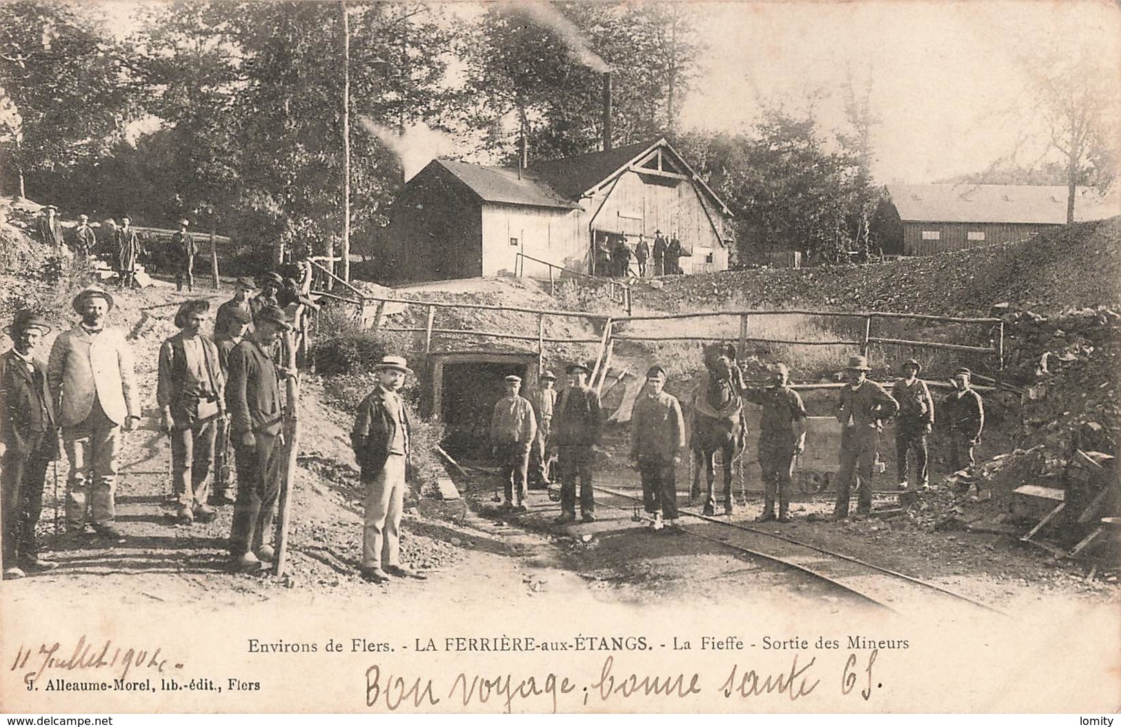 61 La Ferriere Aux Etangs La Fieffe Sortie Des Mineurs Mine De Fer Mineur Cpa Carte Animée Cachet 1904 - Autres & Non Classés