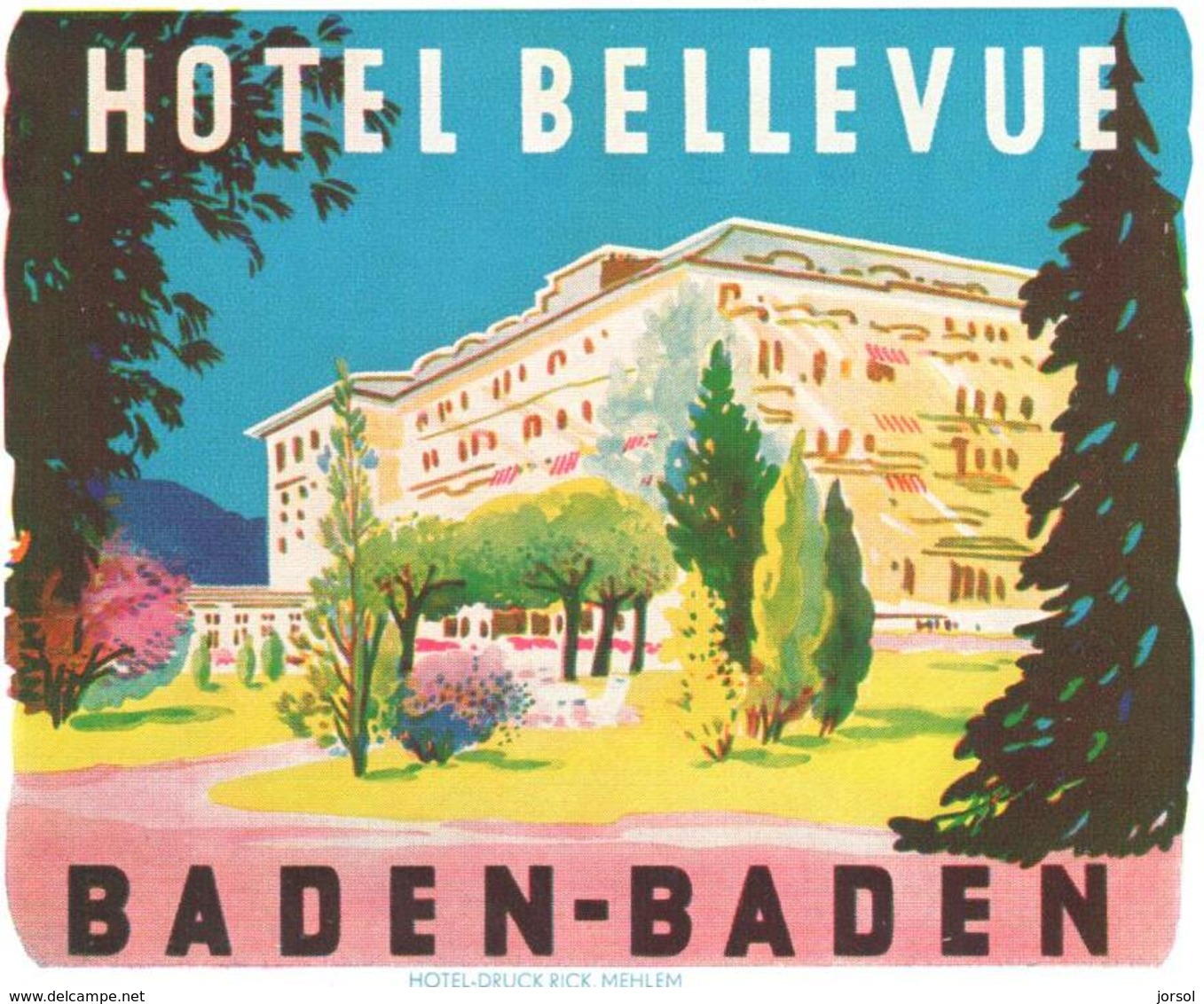 ETIQUETA DE HOTEL  -HOTEL BELLEVUE  -BADEN-BADEN -ALEMANIA   (CON CHANELA) - Adesivi Di Alberghi