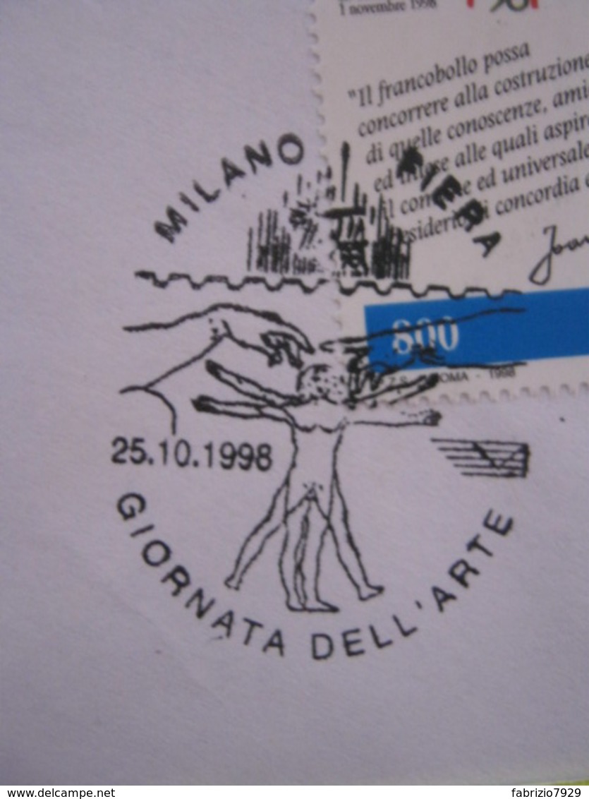 A.13 ITALIA ANNULLO 1998 MILANO FIERA ESPOSIZIONE MONDIALE FILATELIA ARTE LEONARDO DA VINCI UOMO VITRUVIANO DISEGNO - Altri & Non Classificati