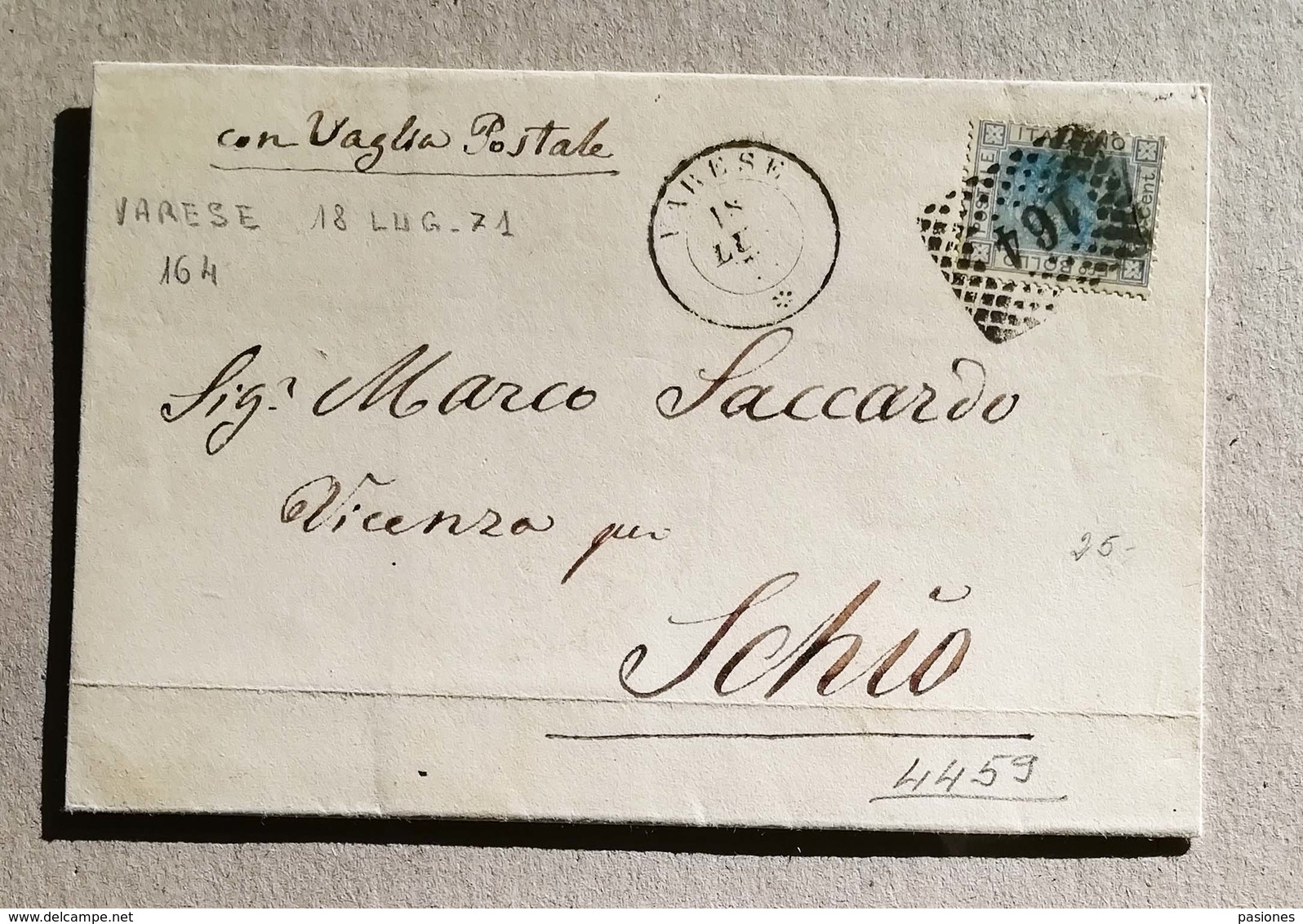 Busta Di Lettera Varese-Schio Con Vaglia Postale - 18/07/1871 - Storia Postale