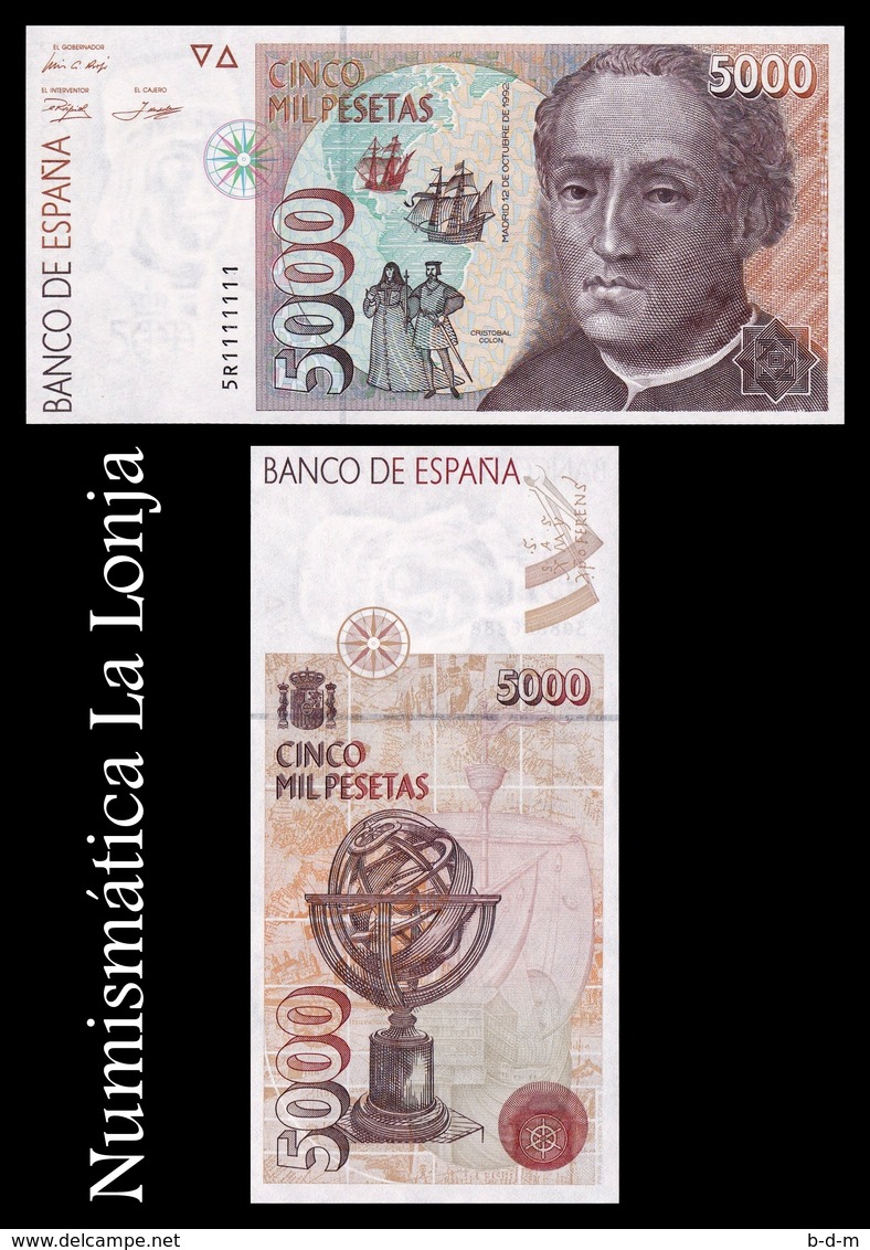 España 5000 Pesetas C. Colón 1992 Pick 165 Capicua Radar 1111111 SC UNC - [ 4] 1975-… : Juan Carlos I