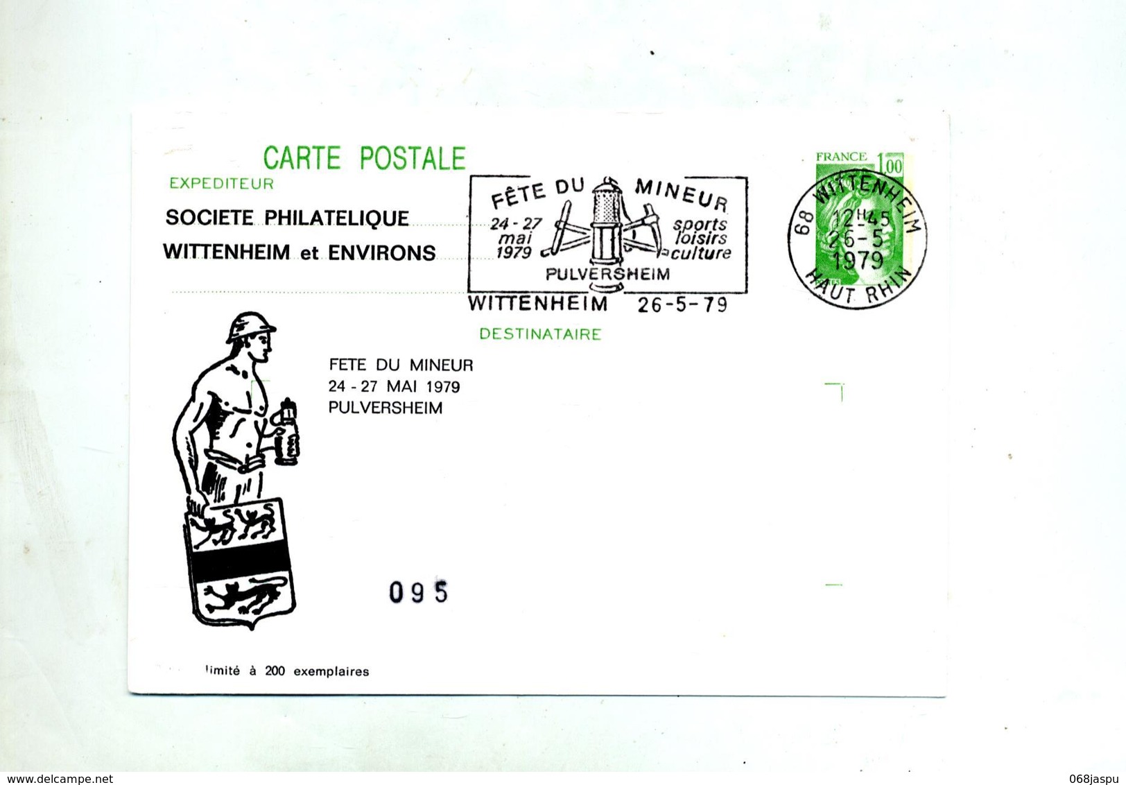 Carte Postale 1.00 Sabine Flamme Wittenheim Fete Du Mineur Illustré - Overprinter Postcards (before 1995)